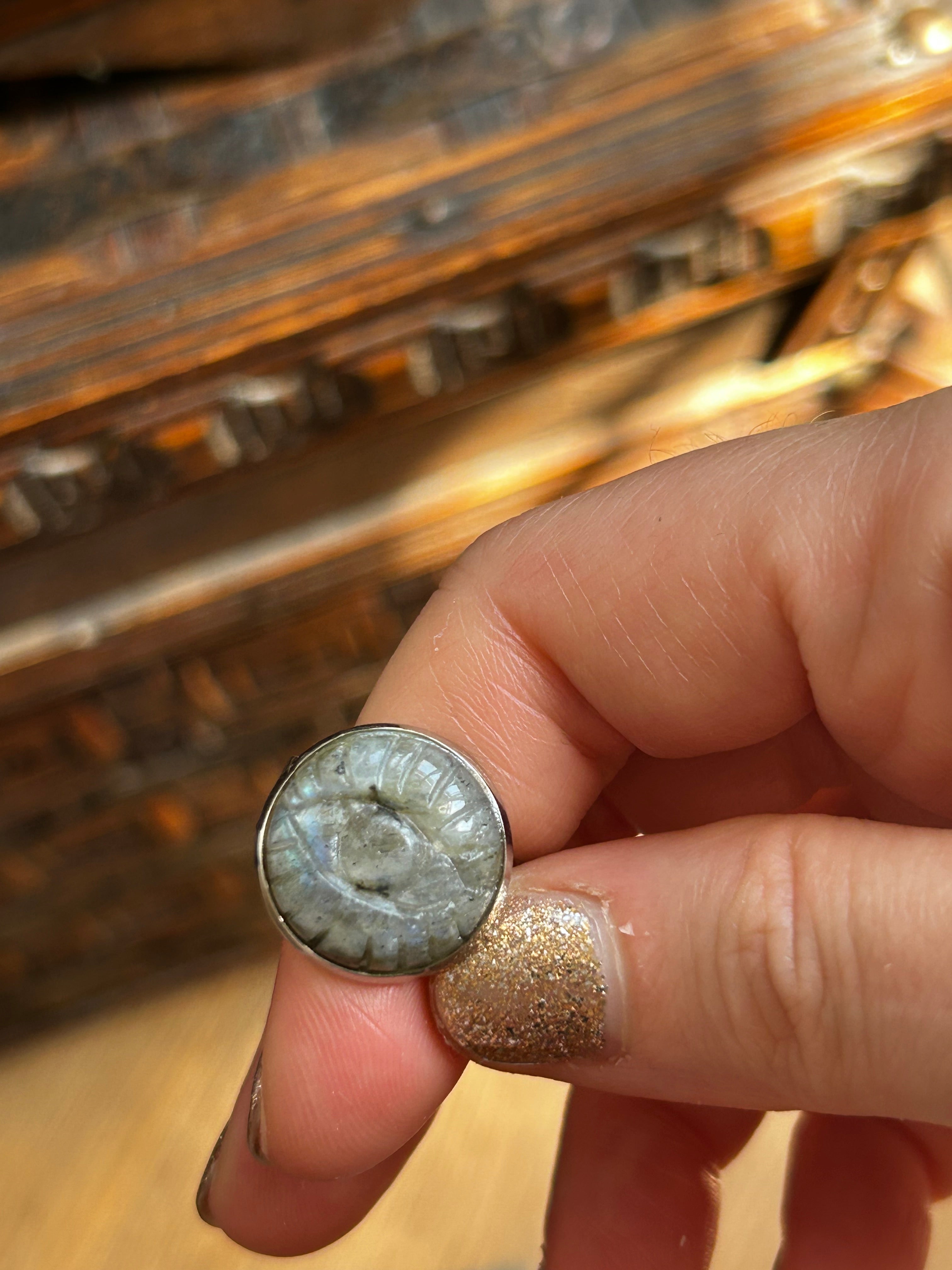 Rainbow Labradorite Carved Eye Ring on Rhodium