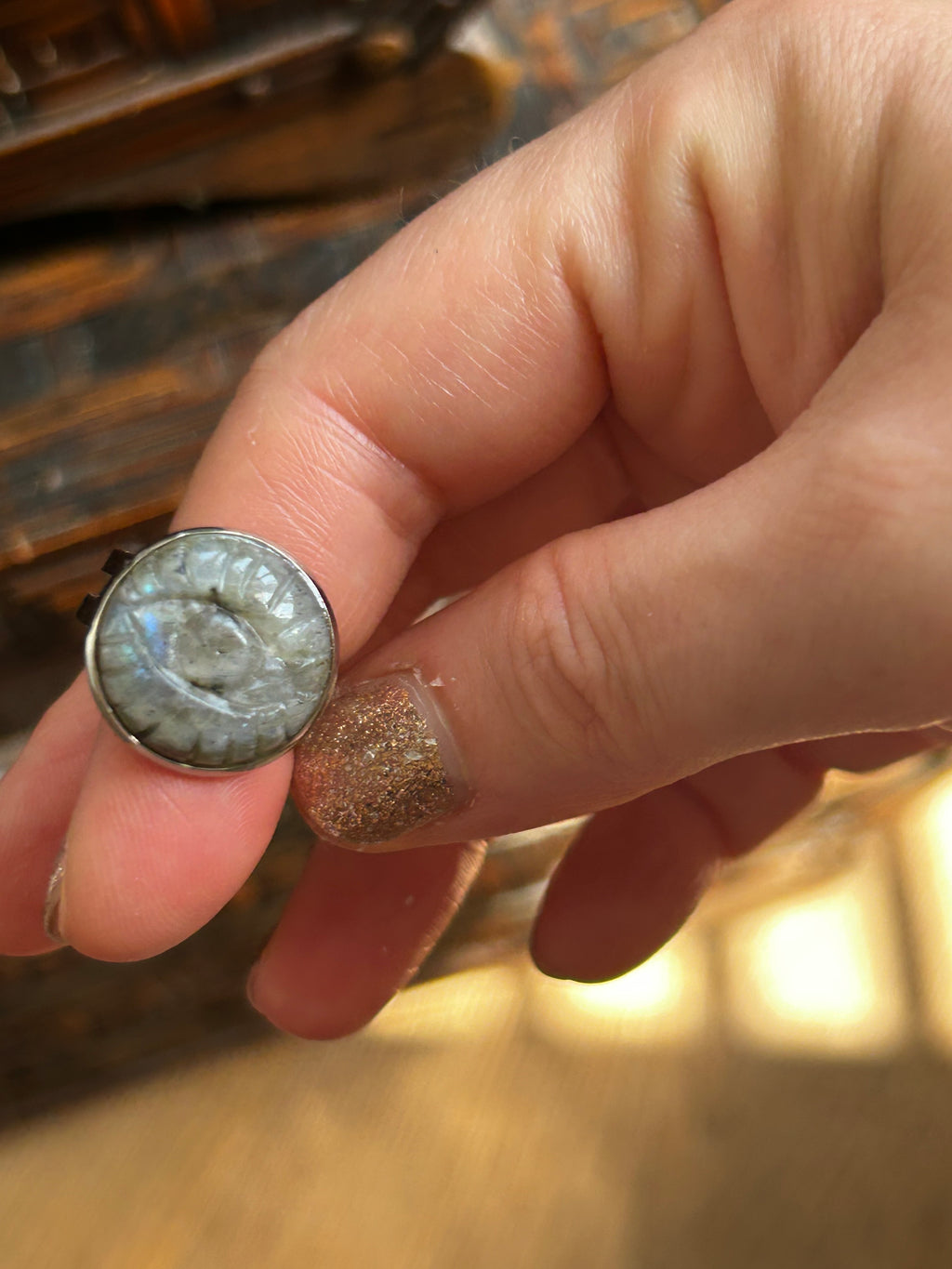 Rainbow Labradorite Carved Eye Ring on Rhodium