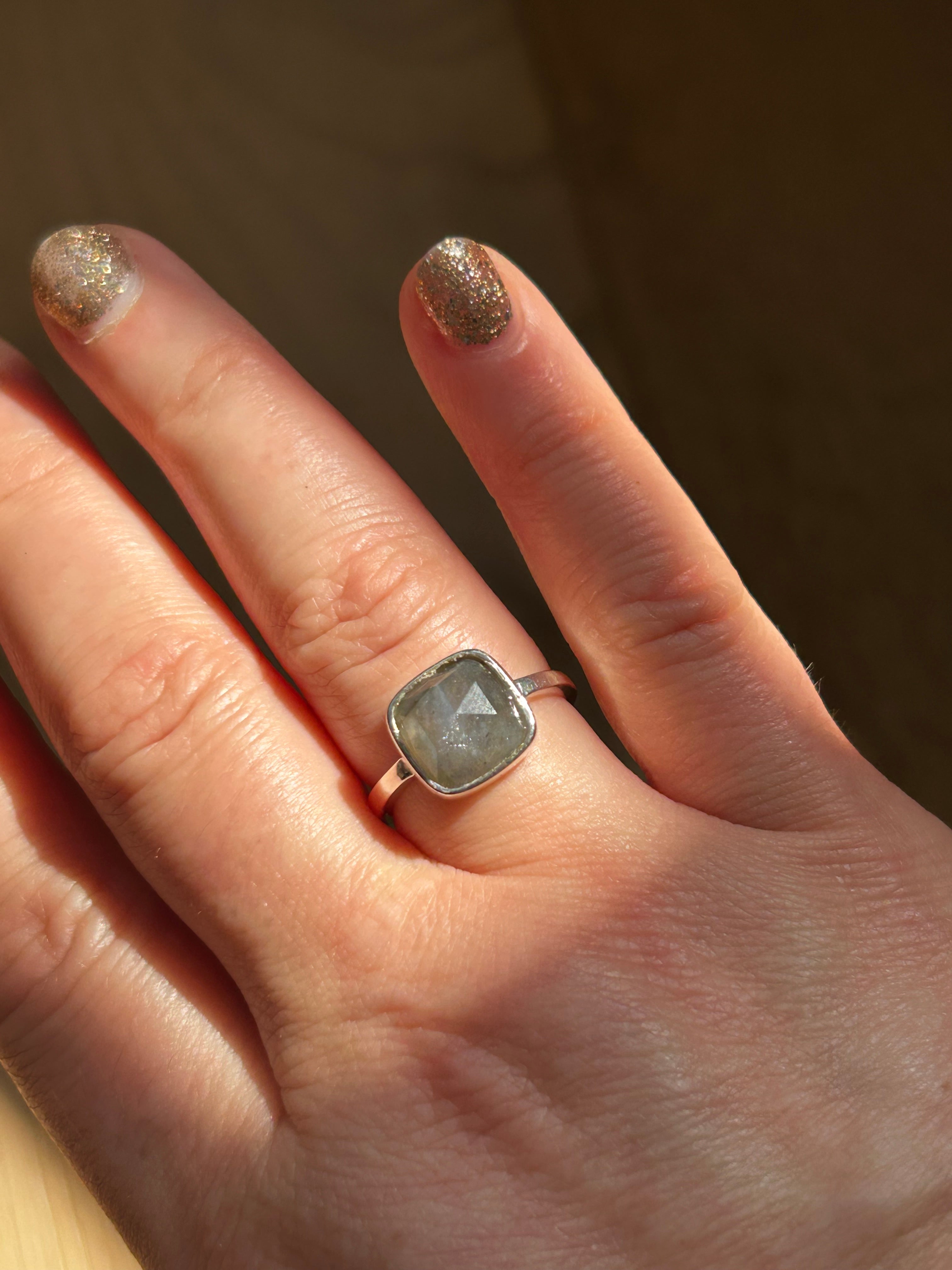 Rainbow Labradorite Square Sterling Silver Ring