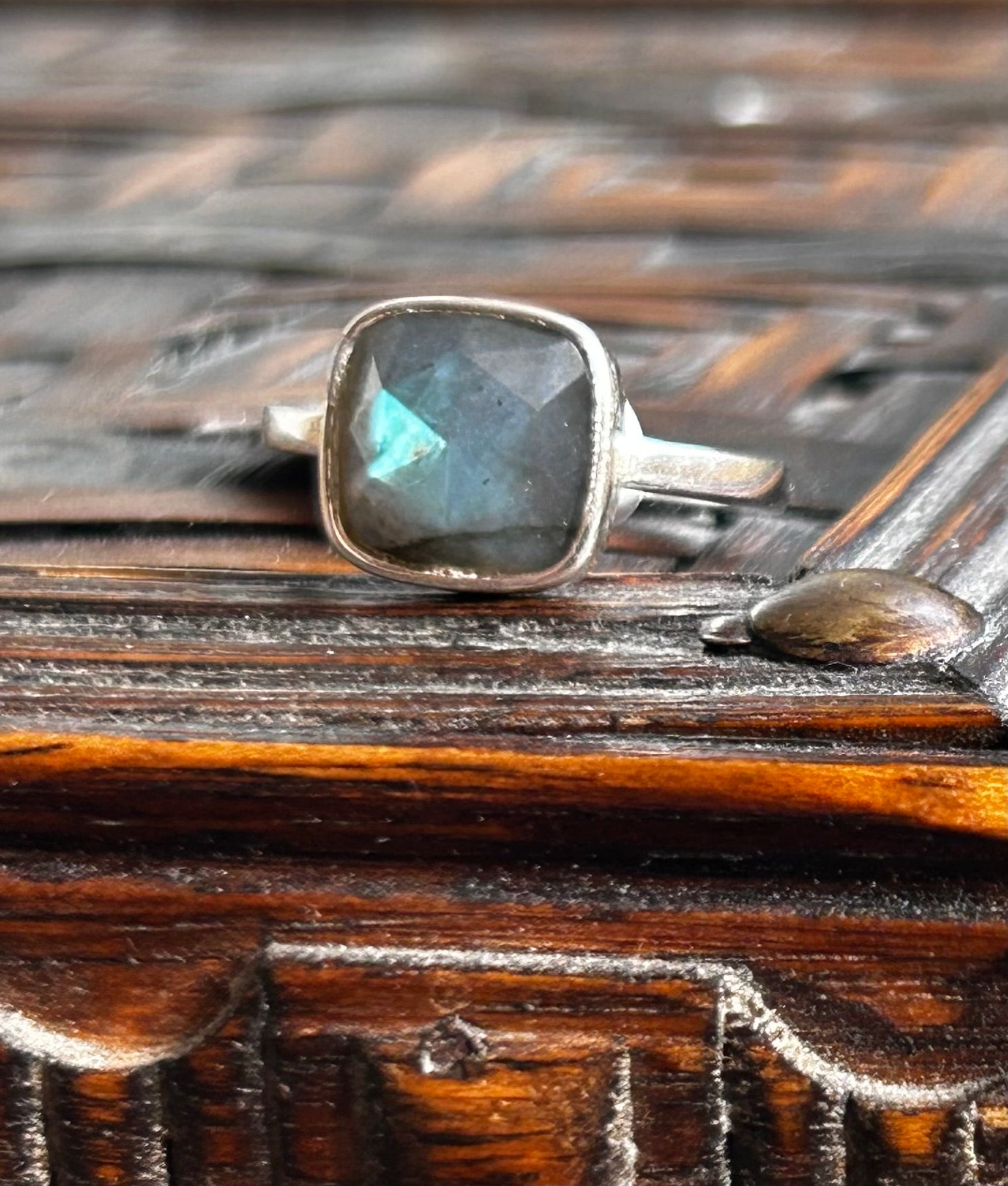 Rainbow Labradorite Square Sterling Silver Ring