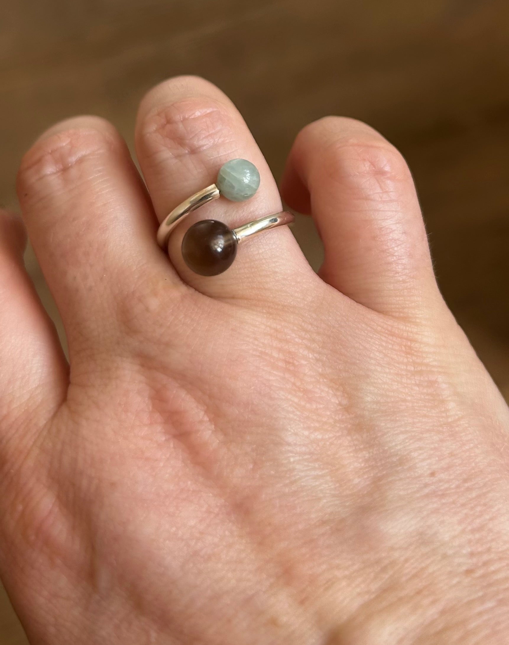 Double Smokey Quartz & Aquamarine Sterling Silver Ring