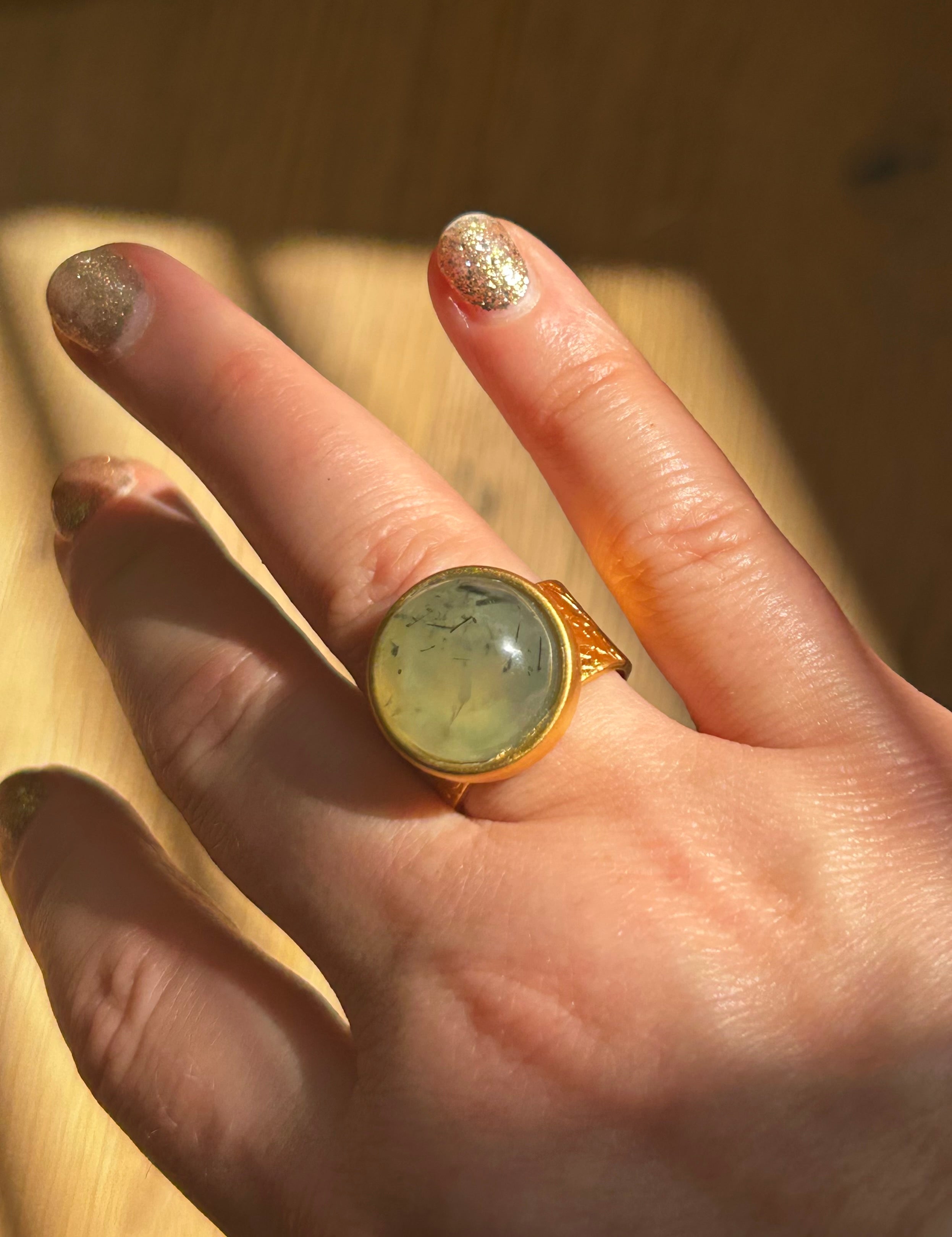 Prehnite on Gold Plated Textured Brass Ring