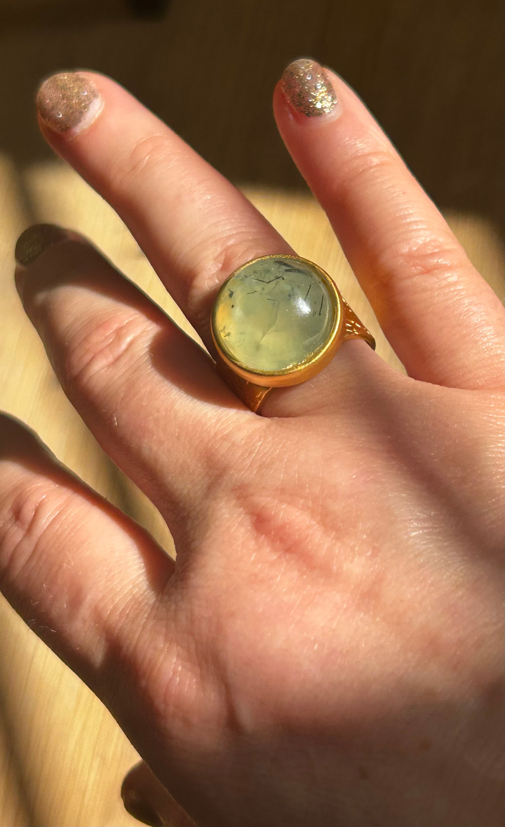 Prehnite on Gold Plated Textured Brass Ring