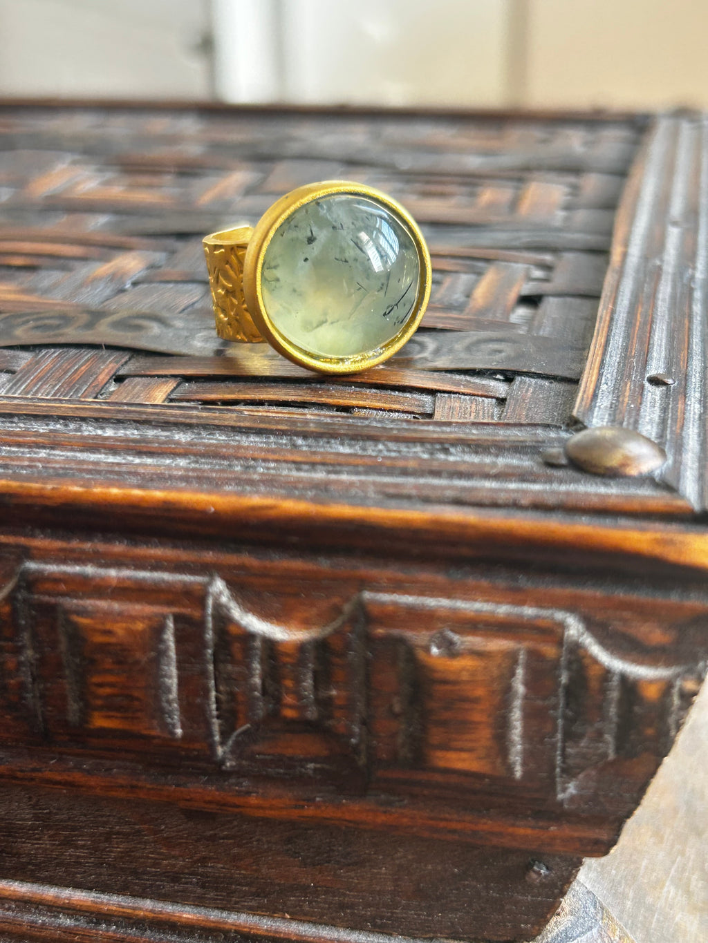 Prehnite on Gold Plated Textured Brass Ring