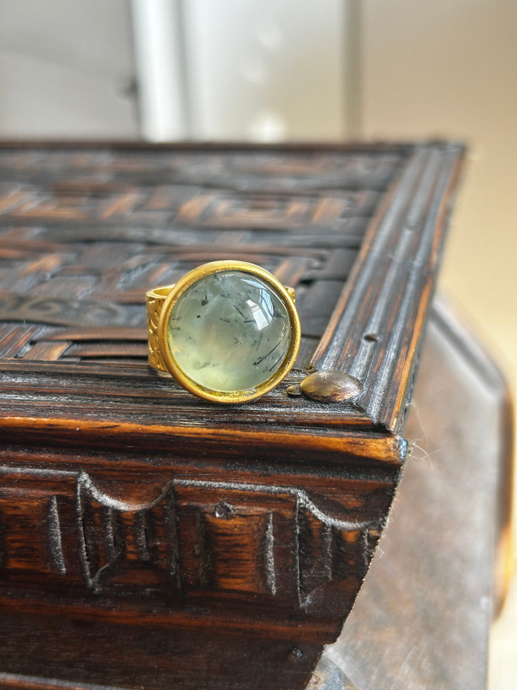Prehnite on Gold Plated Textured Brass Ring