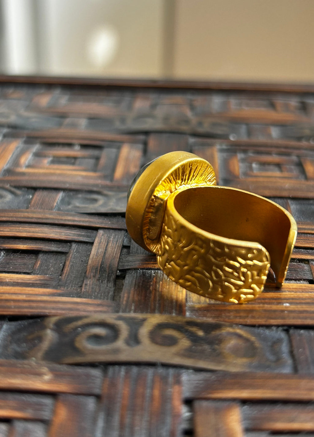 Prehnite on Gold Plated Textured Brass Ring