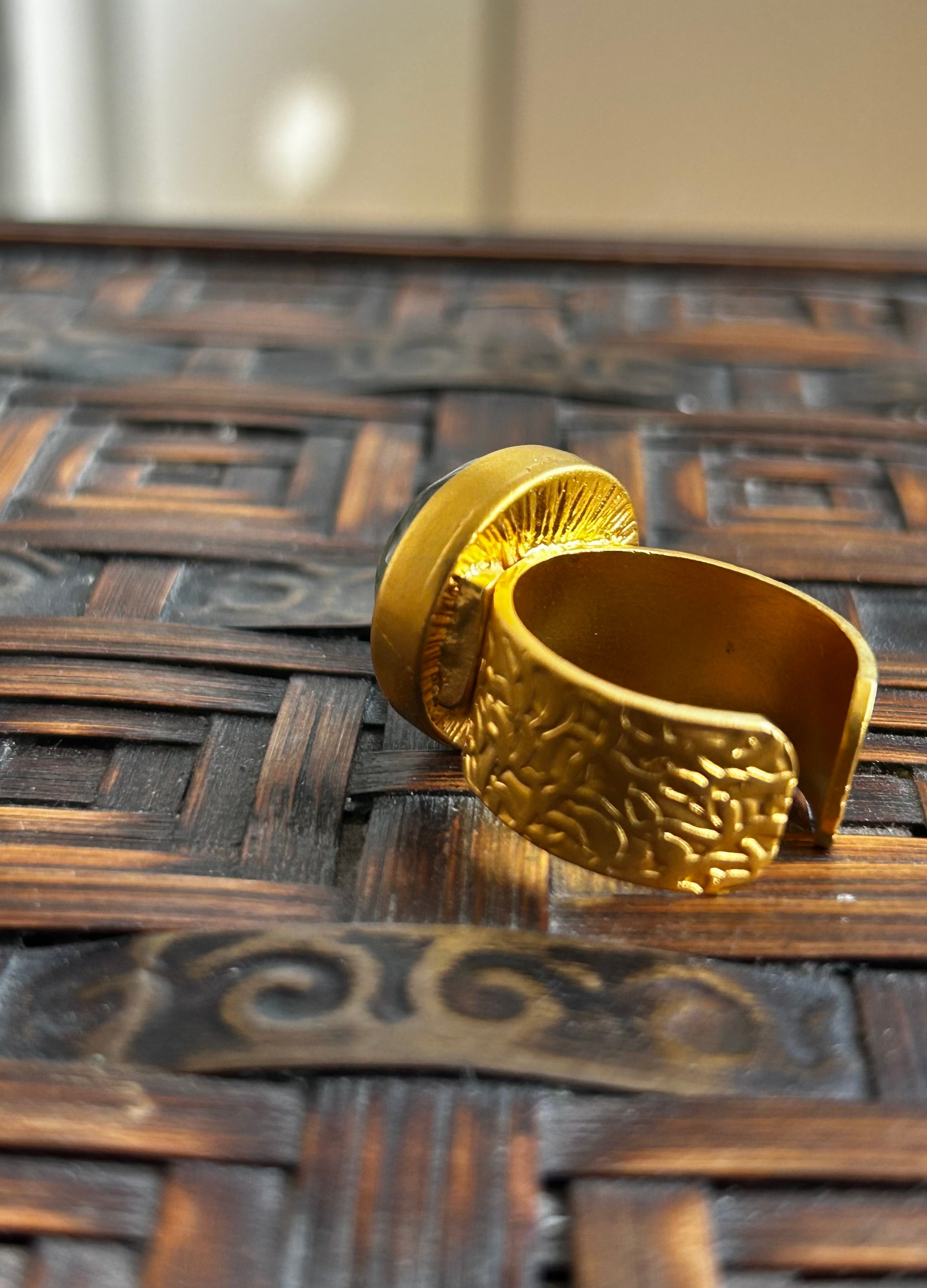 Prehnite on Gold Plated Textured Brass Ring