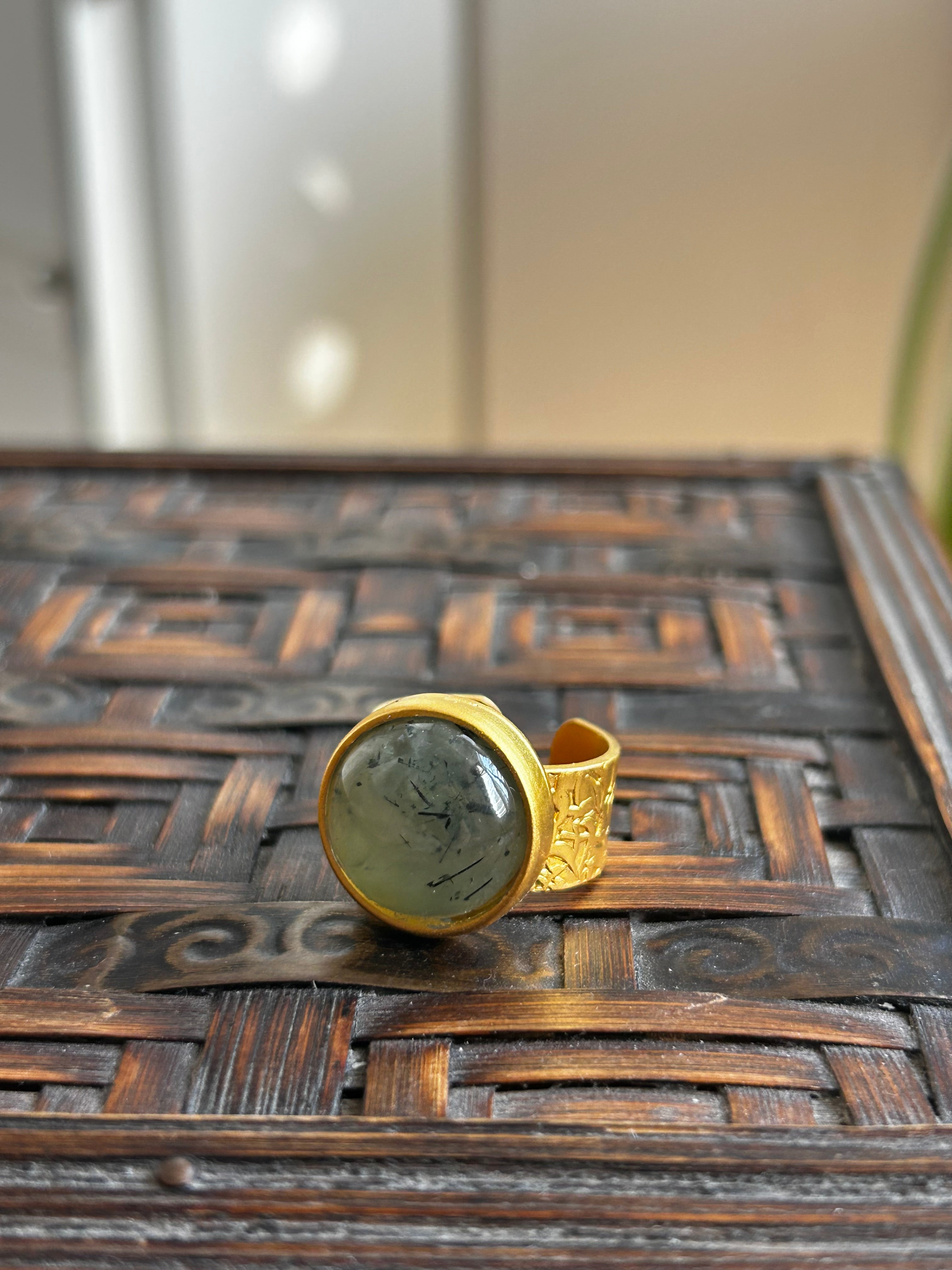 Prehnite on Gold Plated Textured Brass Ring