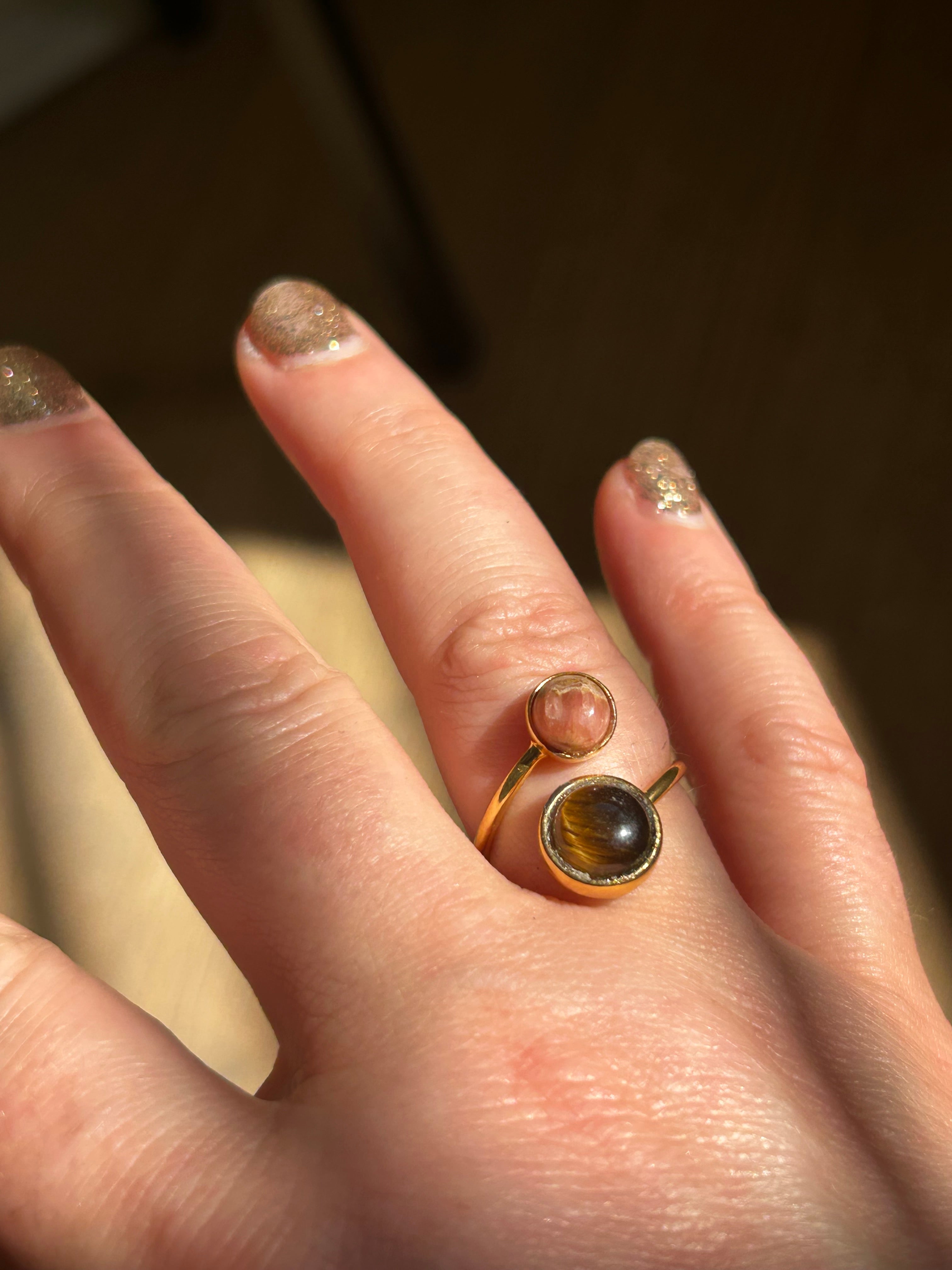 Rhodocrosite & Tiger’s Eye Double Gold Plate Ring