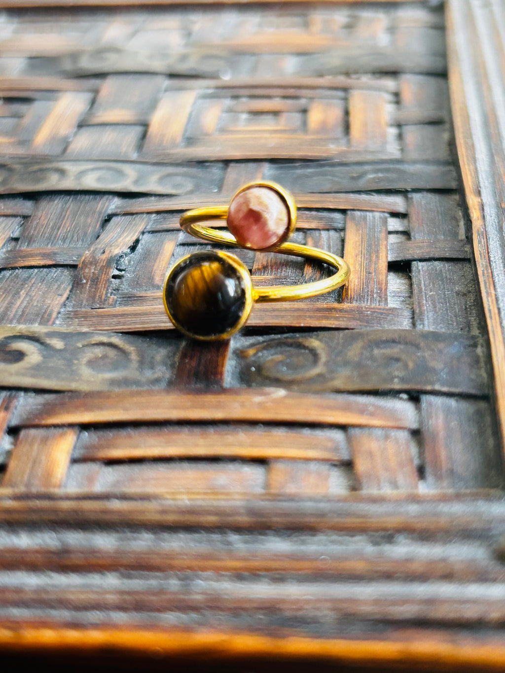 Rhodocrosite & Tiger’s Eye Double Gold Plate Ring