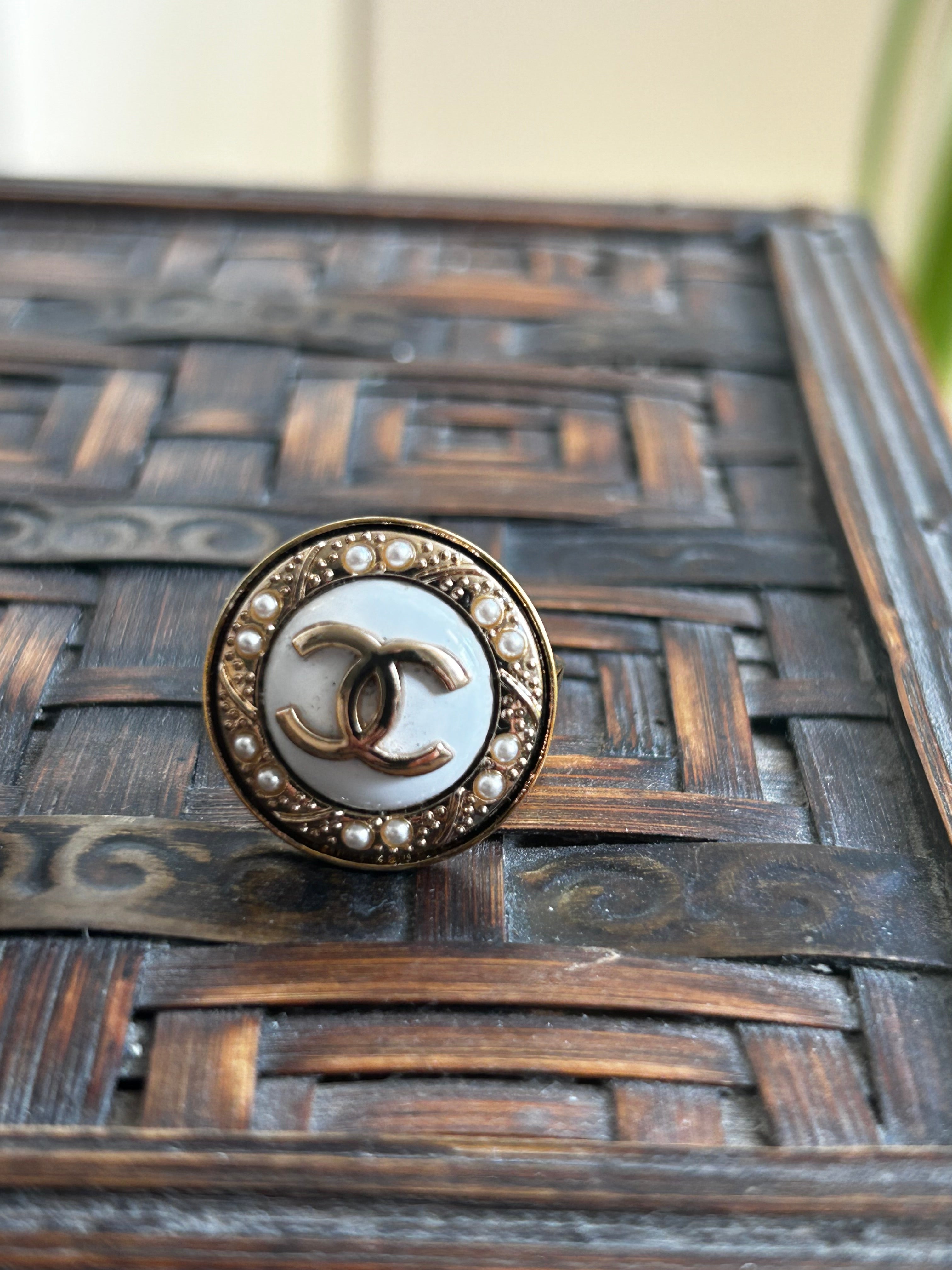 White Pearl Chanel Button Ring on Gold Plate