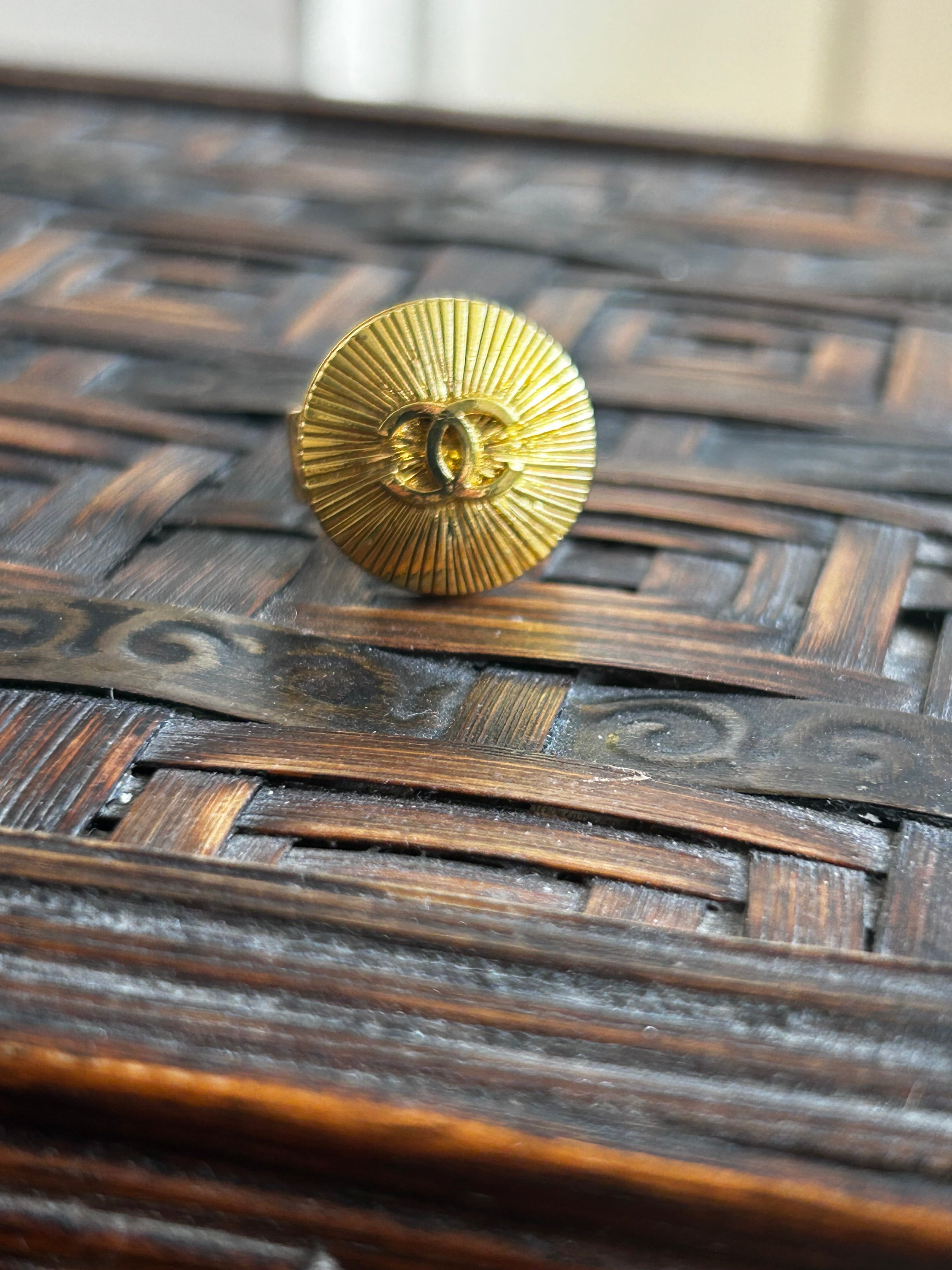 Gold Sunburst Chanel Button Ring on Gold Plate