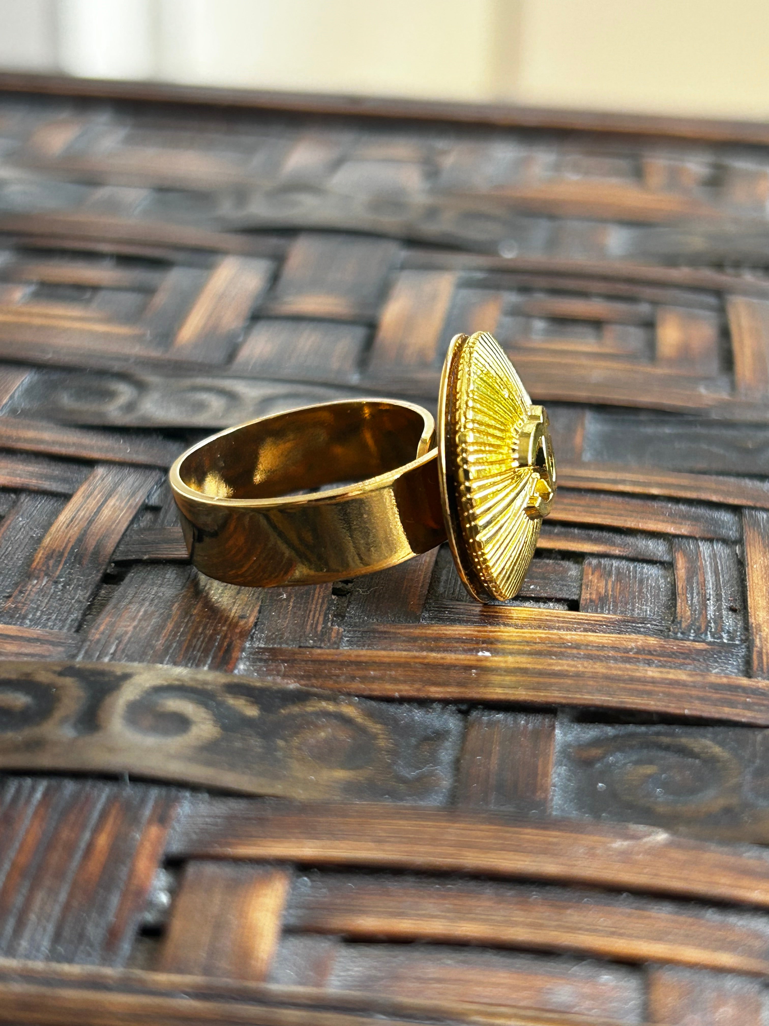Gold Sunburst Chanel Button Ring on Gold Plate
