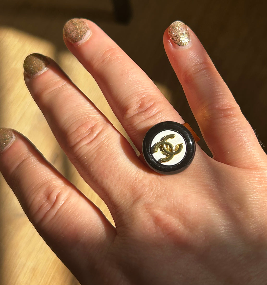 Black & White Chanel Button Ring on Gold Plate