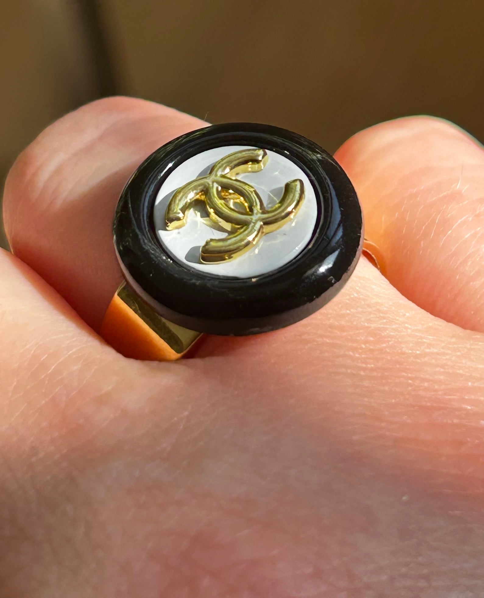 Black & White Chanel Button Ring on Gold Plate