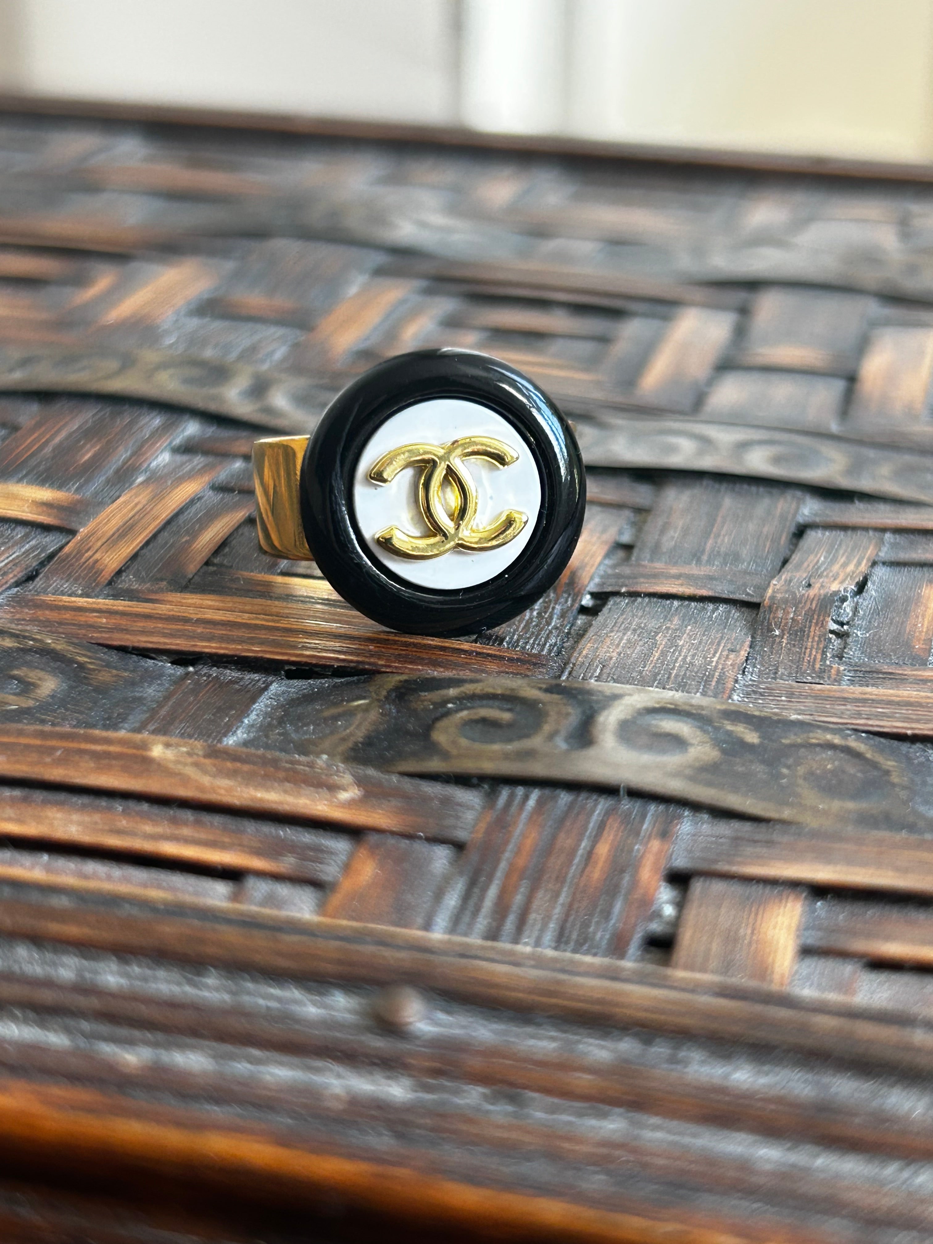 Black & White Chanel Button Ring on Gold Plate