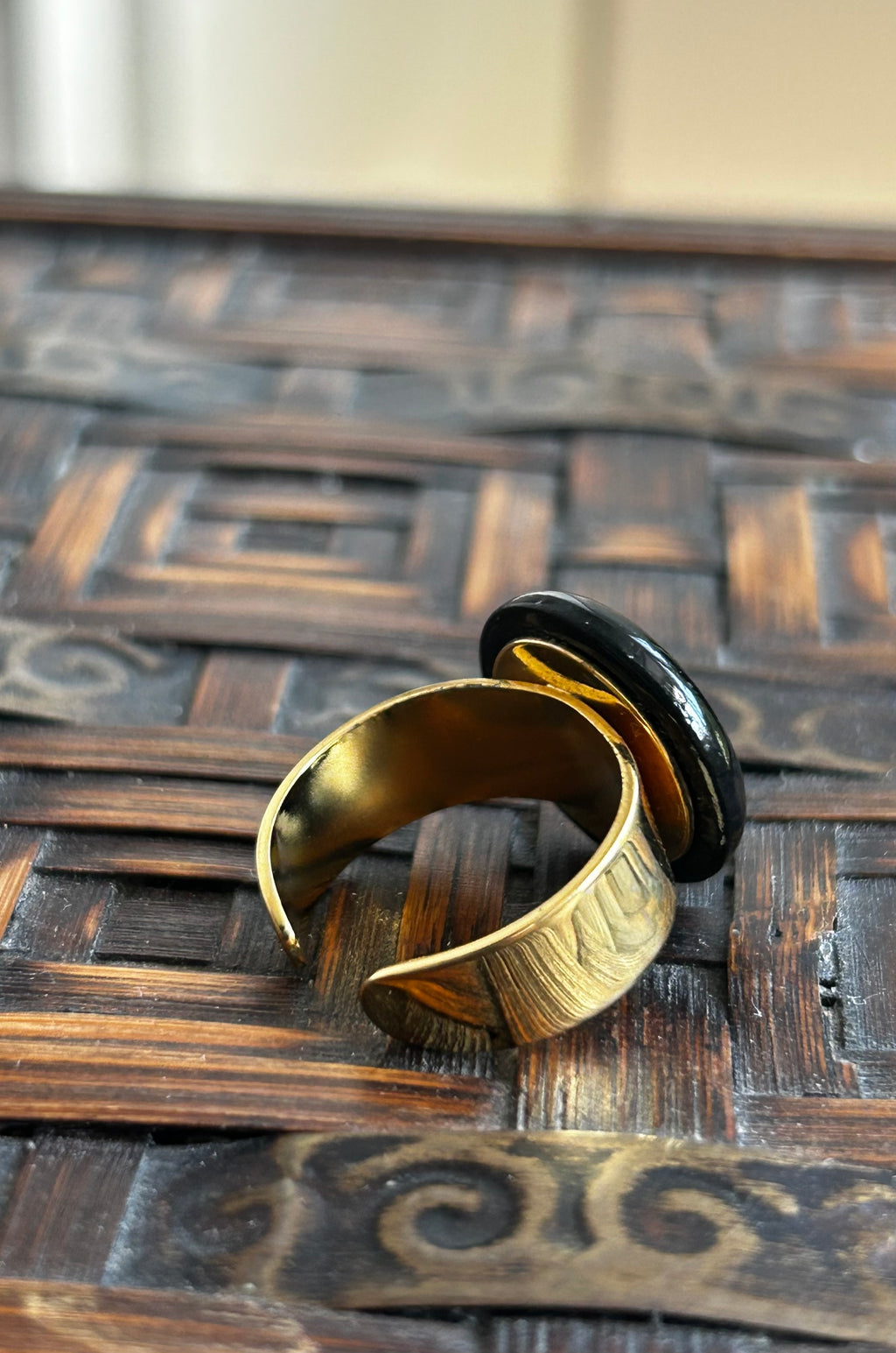 Black & White Chanel Button Ring on Gold Plate