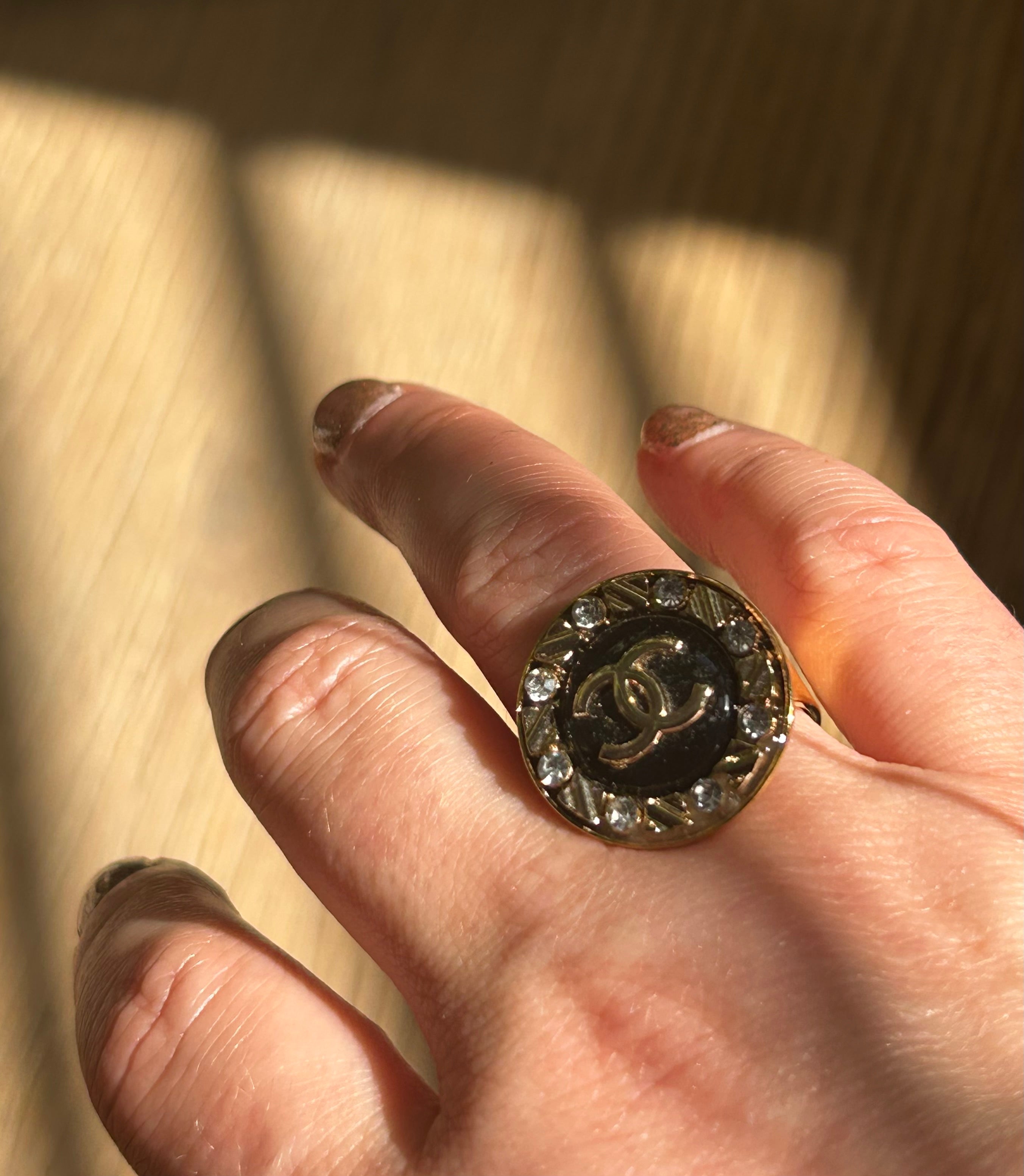 Black Enamel Diamante Chanel Button Ring on Gold Plate