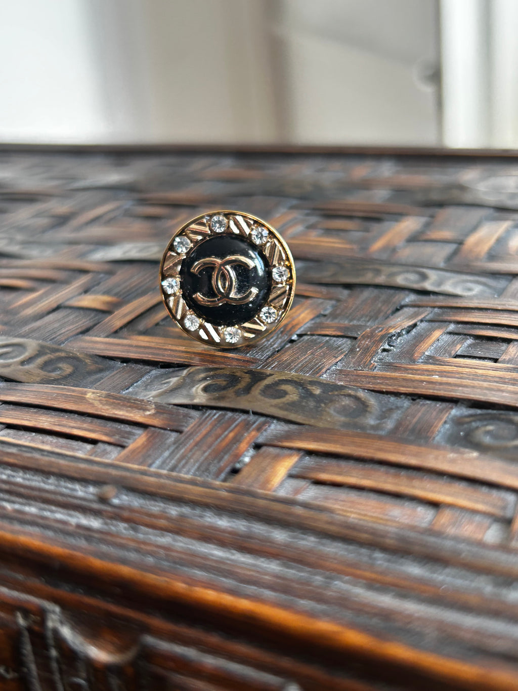 Black Enamel Diamante Chanel Button Ring on Gold Plate