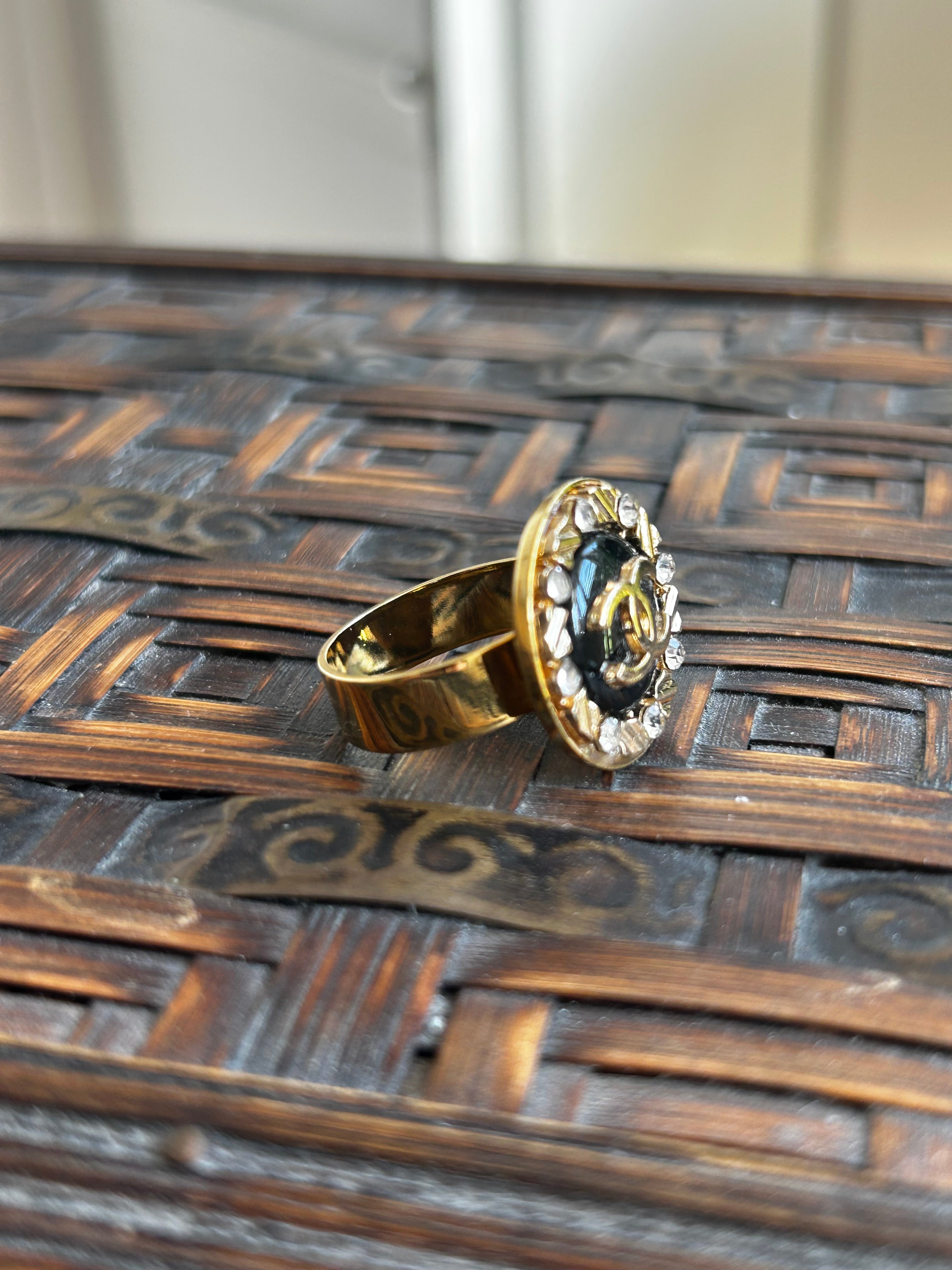 Black Enamel Diamante Chanel Button Ring on Gold Plate