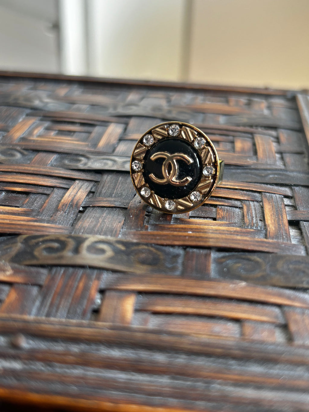 Black Enamel Diamante Chanel Button Ring on Gold Plate