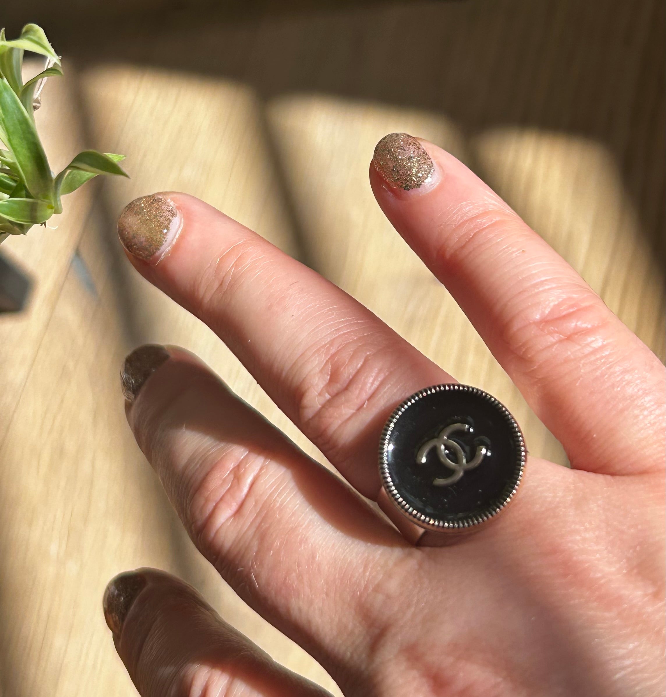 Black Enamel Chanel Button Ring on Silver Plate