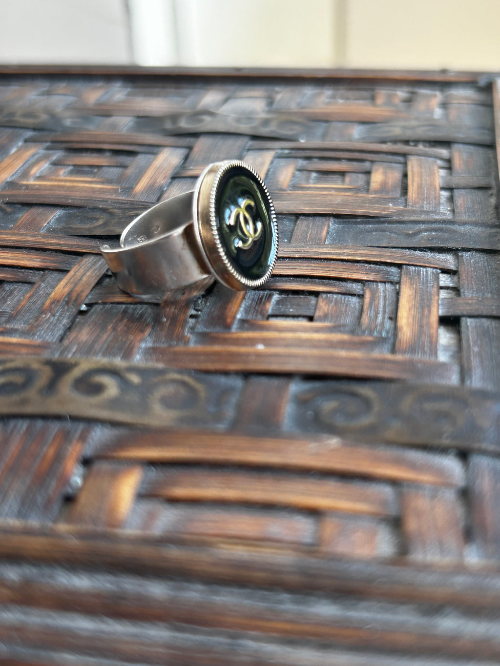 Black Enamel Chanel Button Ring on Silver Plate