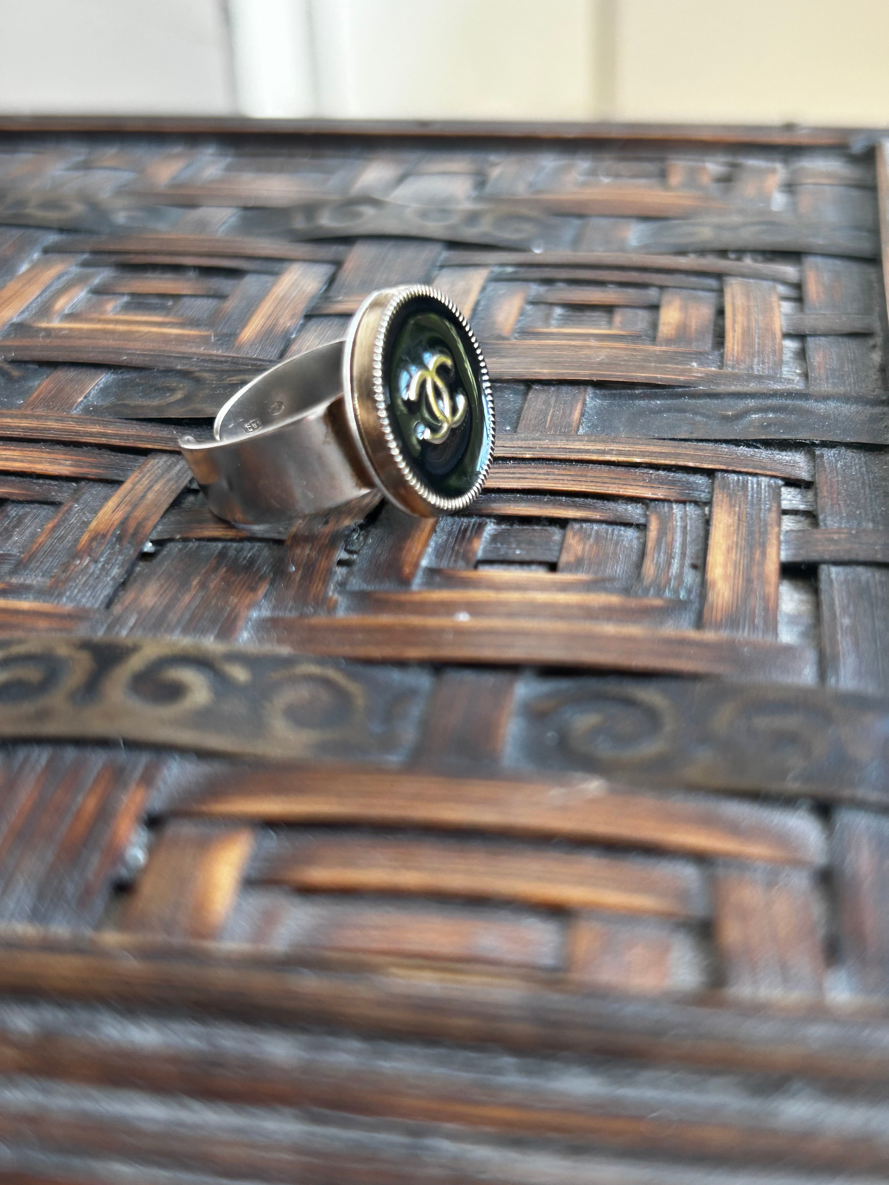 Black Enamel Chanel Button Ring on Silver Plate