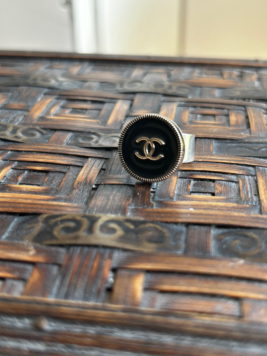 Black Enamel Chanel Button Ring on Silver Plate
