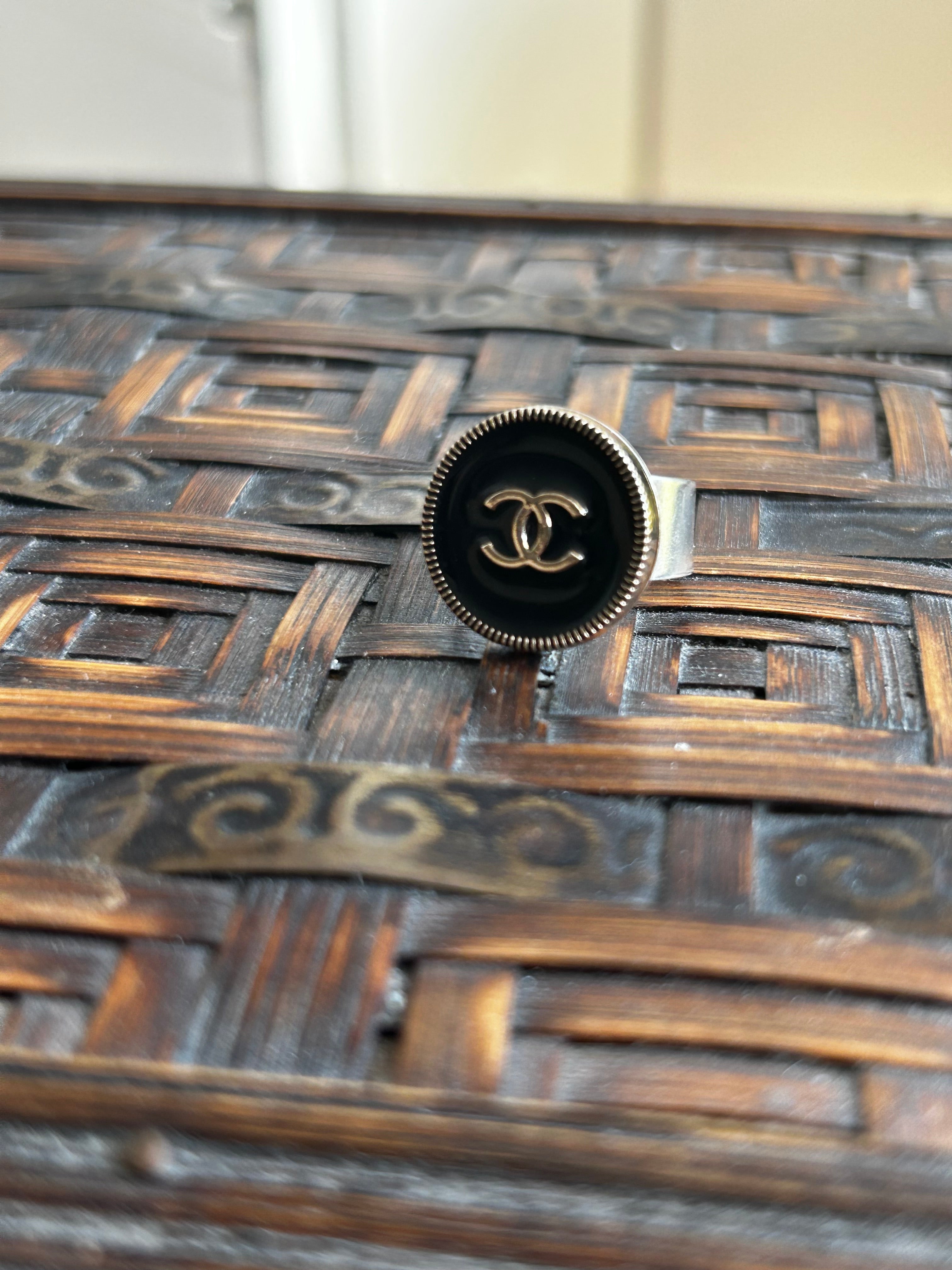 Black Enamel Chanel Button Ring on Silver Plate
