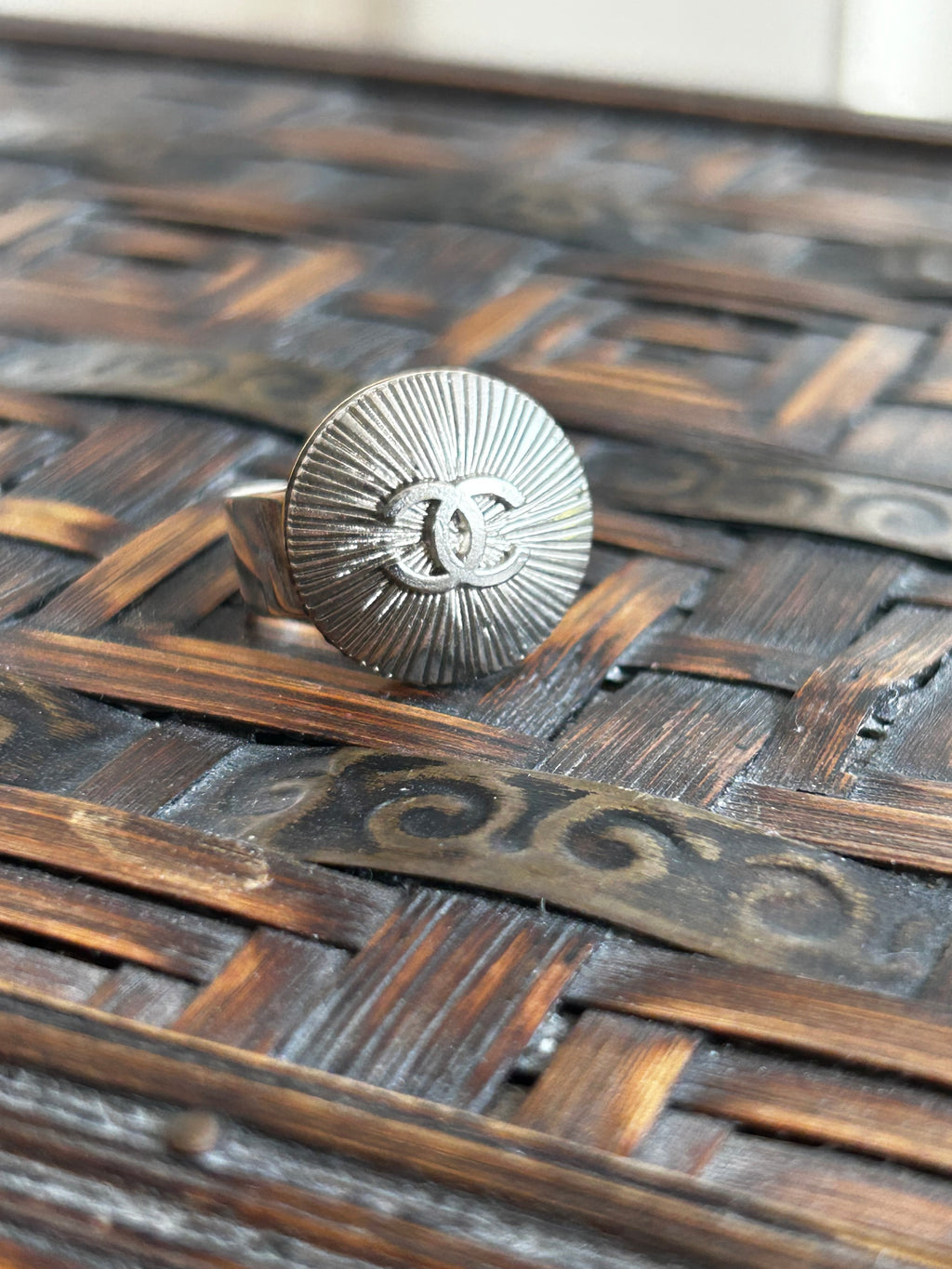Silver Sunburst Chanel Button Ring on Silver Plate