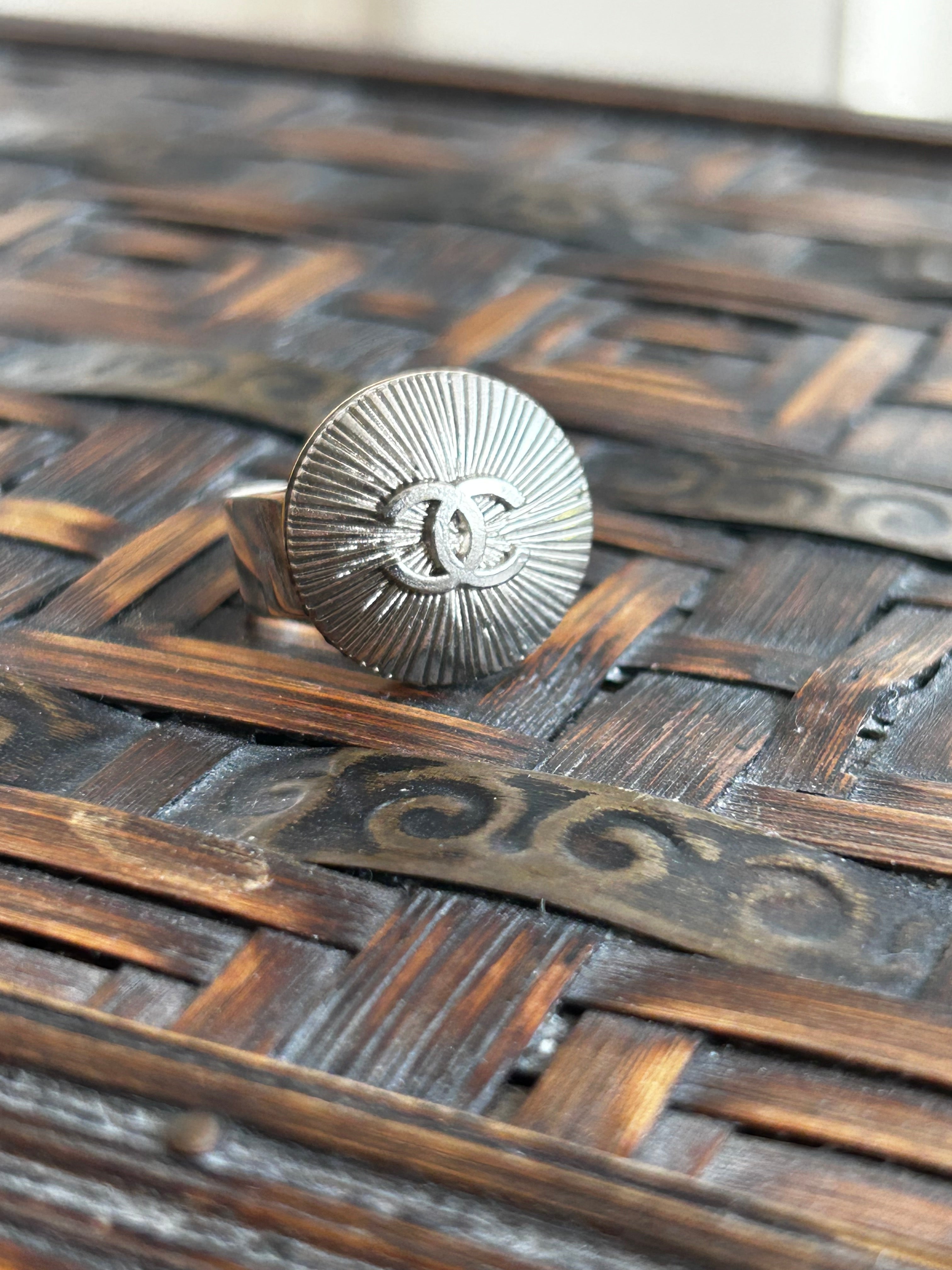Silver Sunburst Chanel Button Ring on Silver Plate