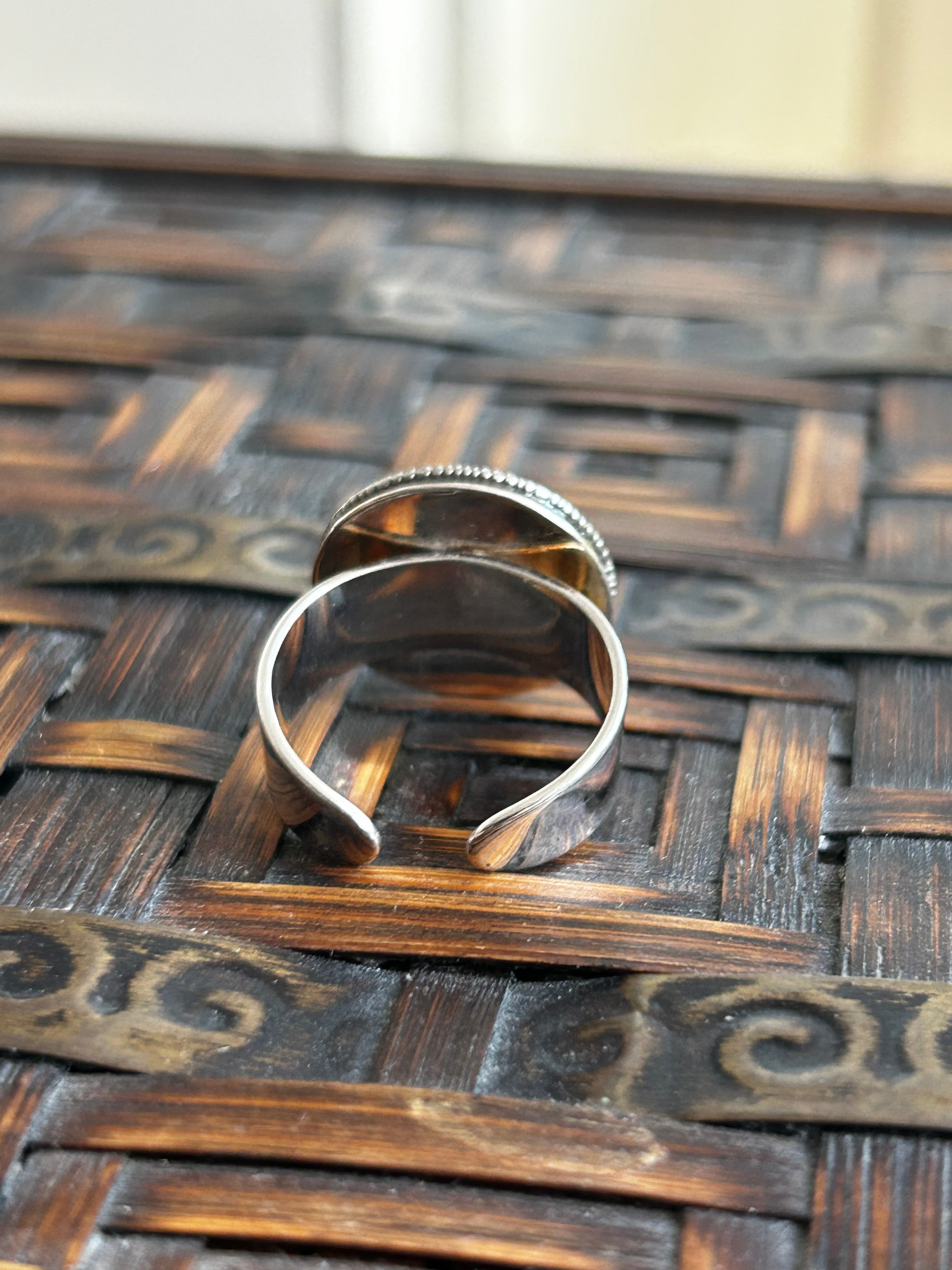 Silver Sunburst Chanel Button Ring on Silver Plate