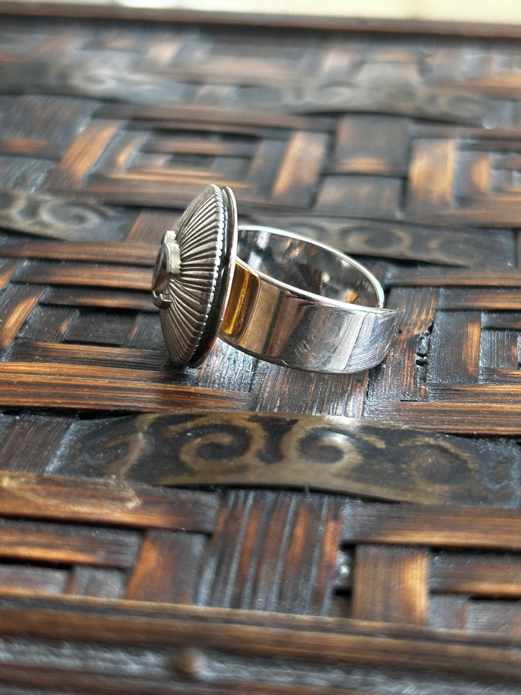 Silver Sunburst Chanel Button Ring on Silver Plate