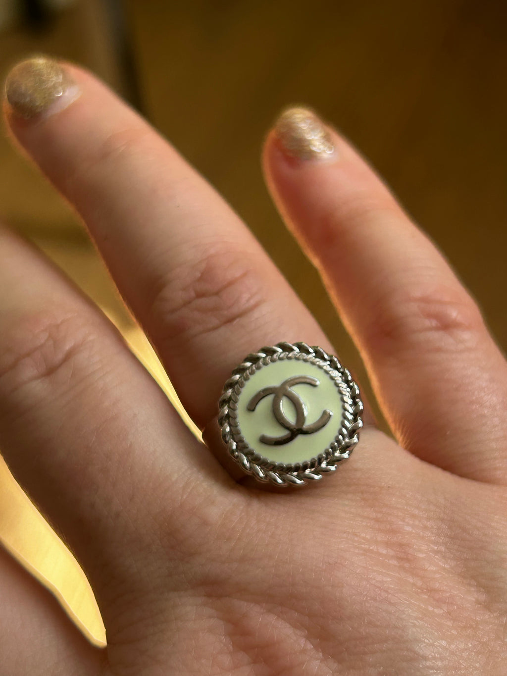 Mint Green Enamel Chanel Button Ring on Silver Plate
