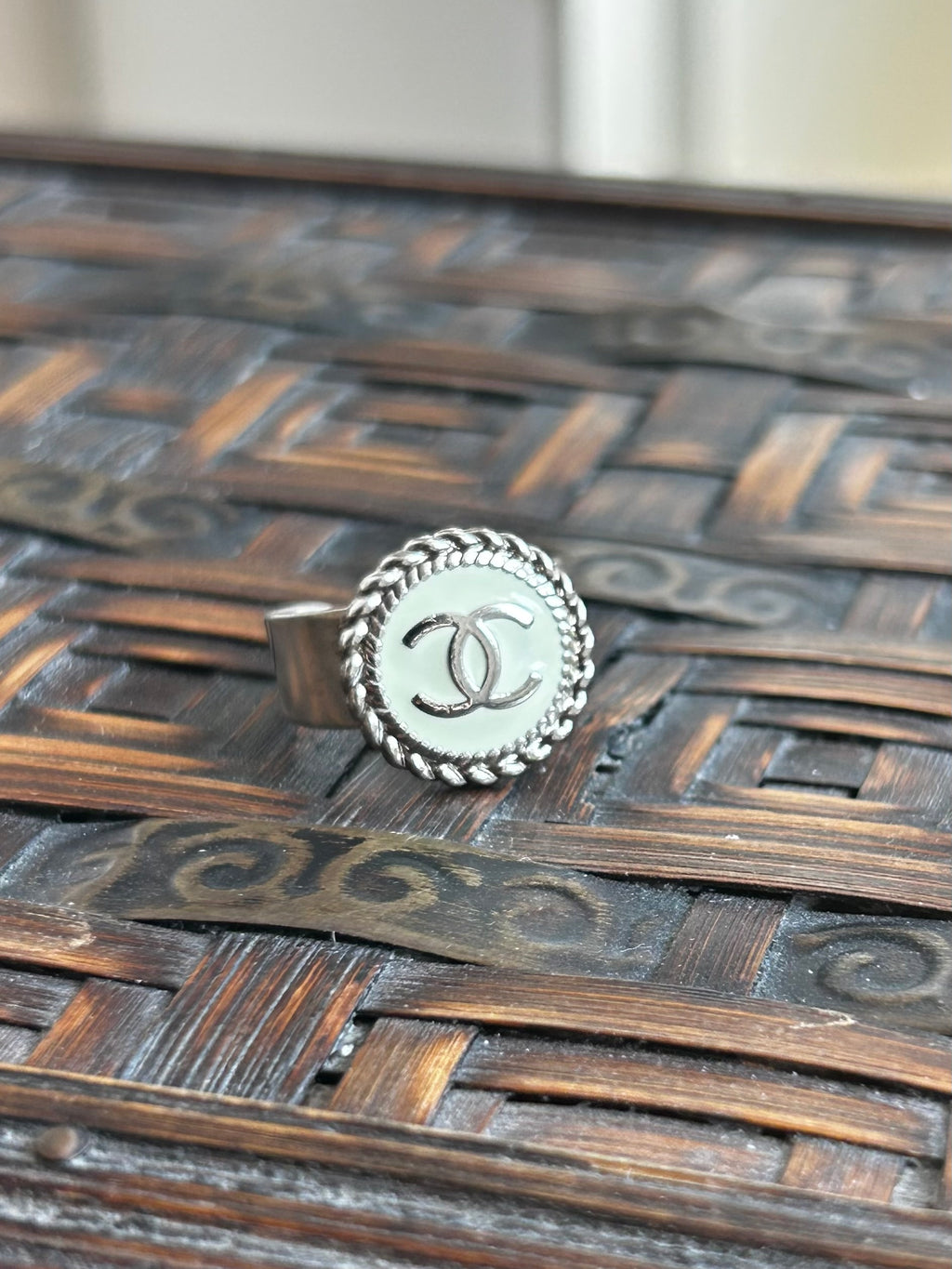 Mint Green Enamel Chanel Button Ring on Silver Plate