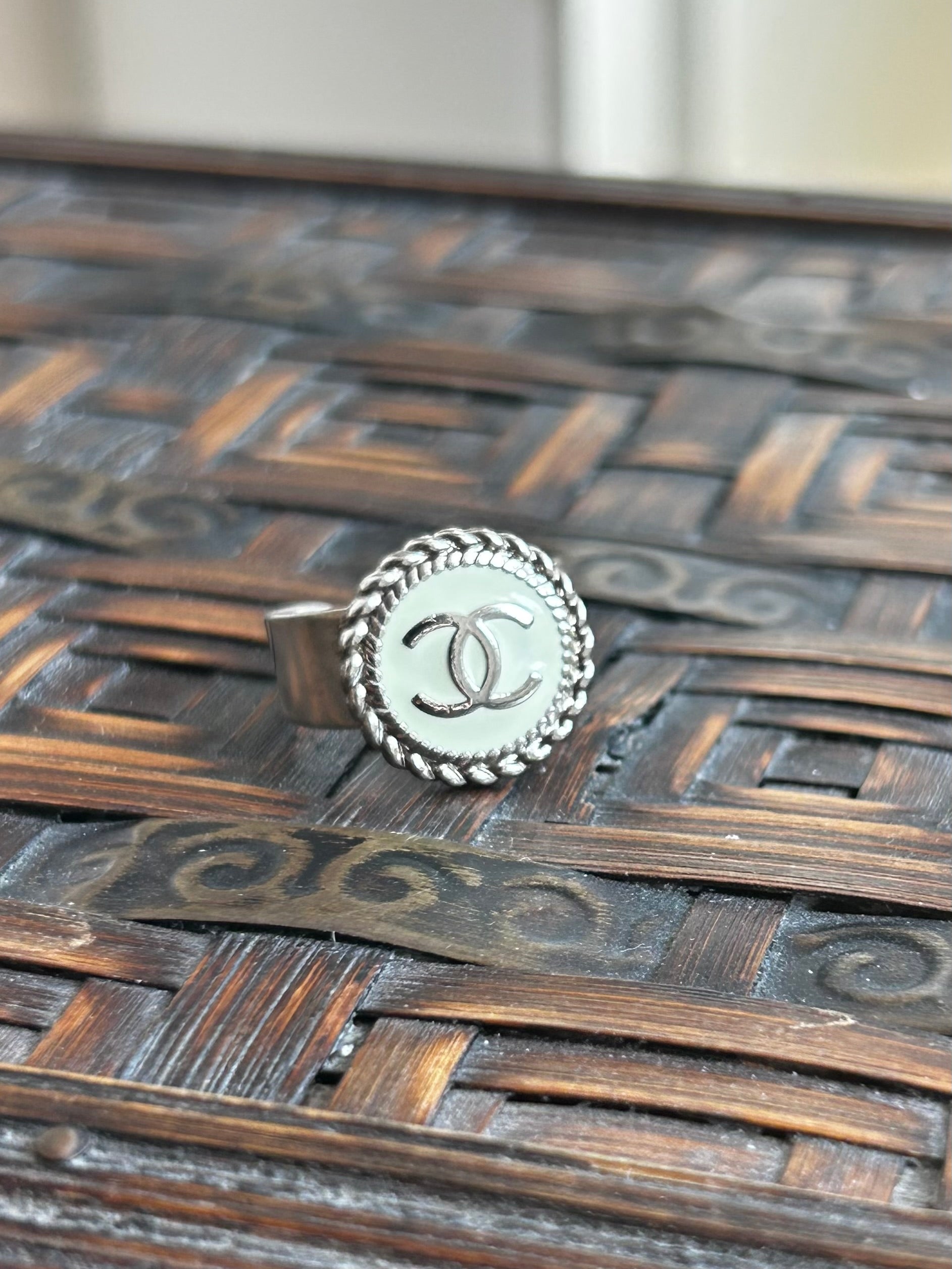 Mint Green Enamel Chanel Button Ring on Silver Plate