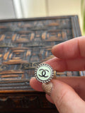 Mint Green Enamel Chanel Button Ring on Silver Plate