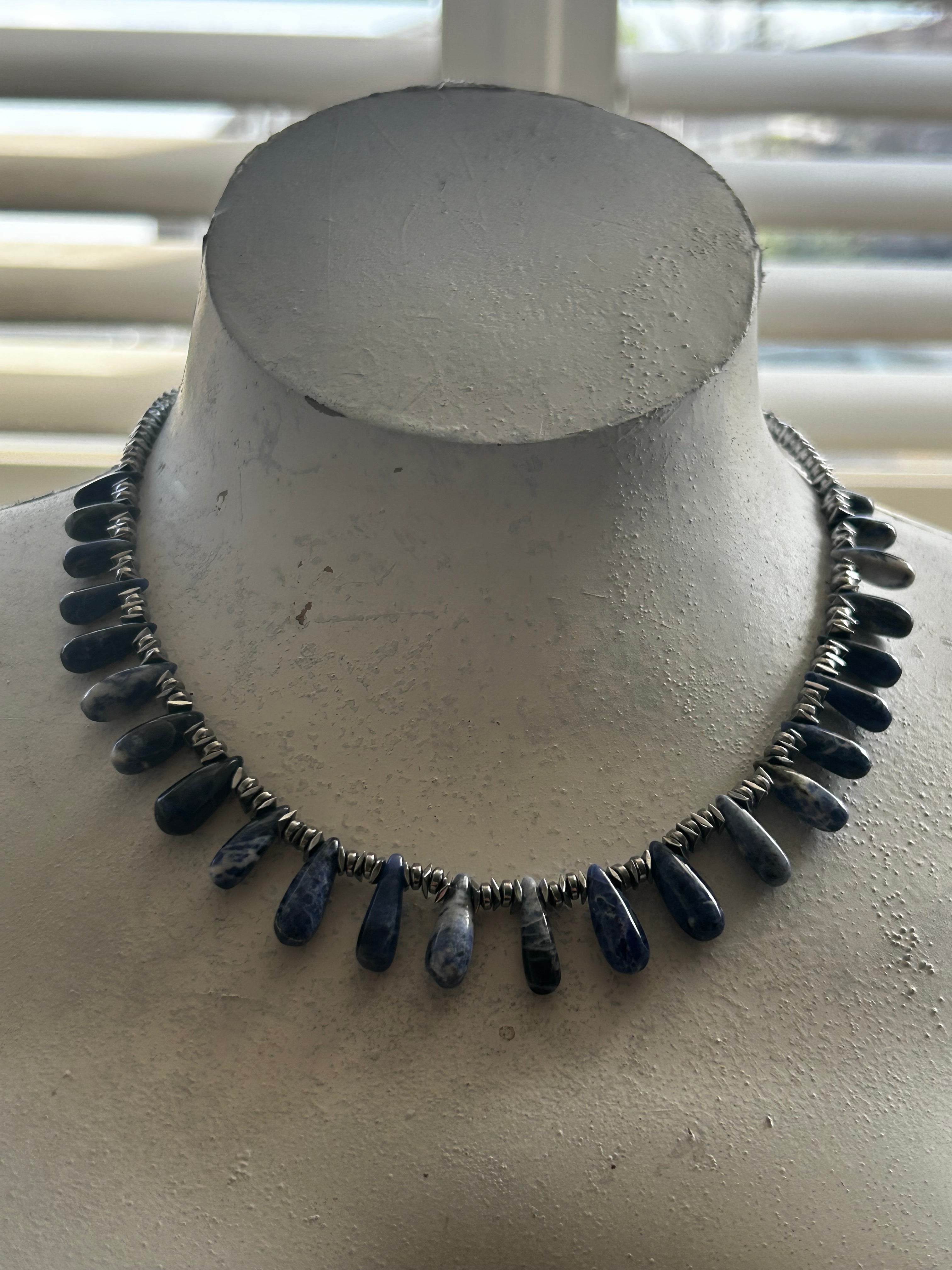 Sodalite & Hematite Fan Necklace