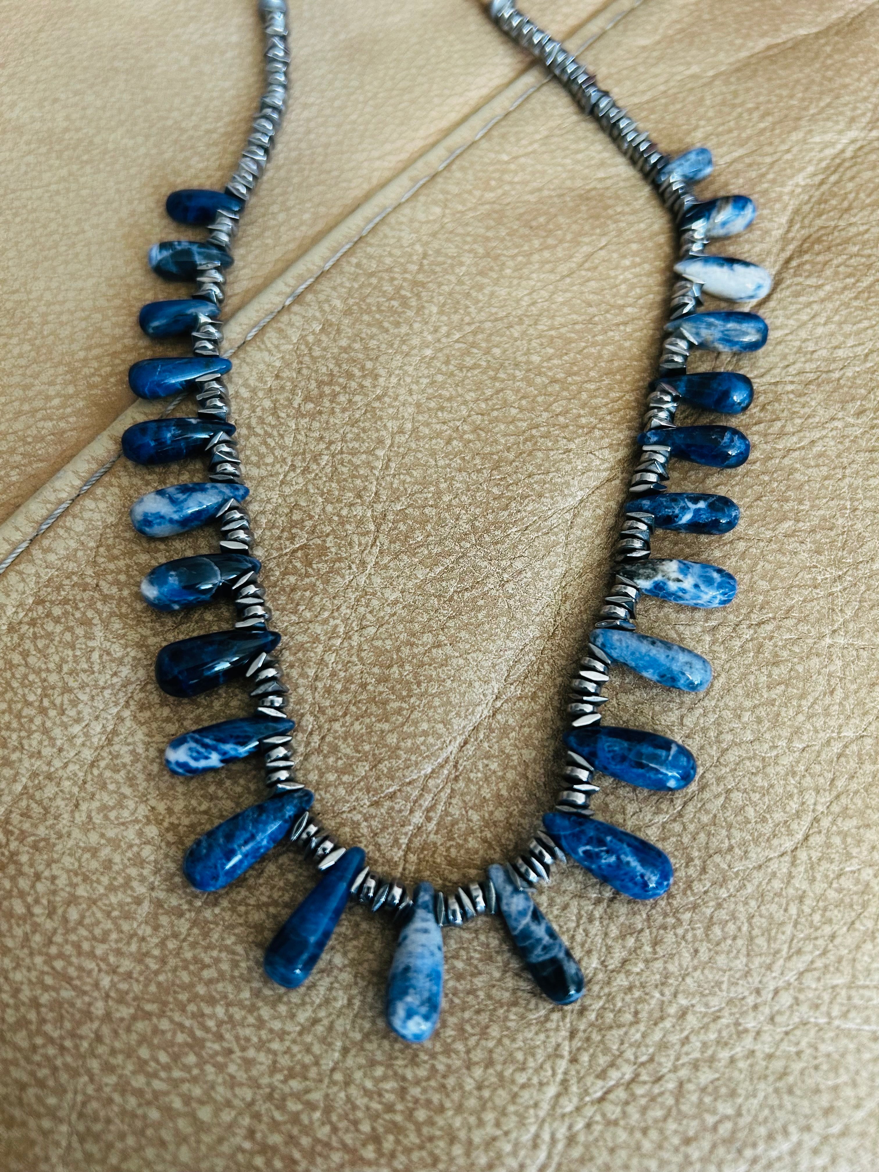 Sodalite & Hematite Fan Necklace