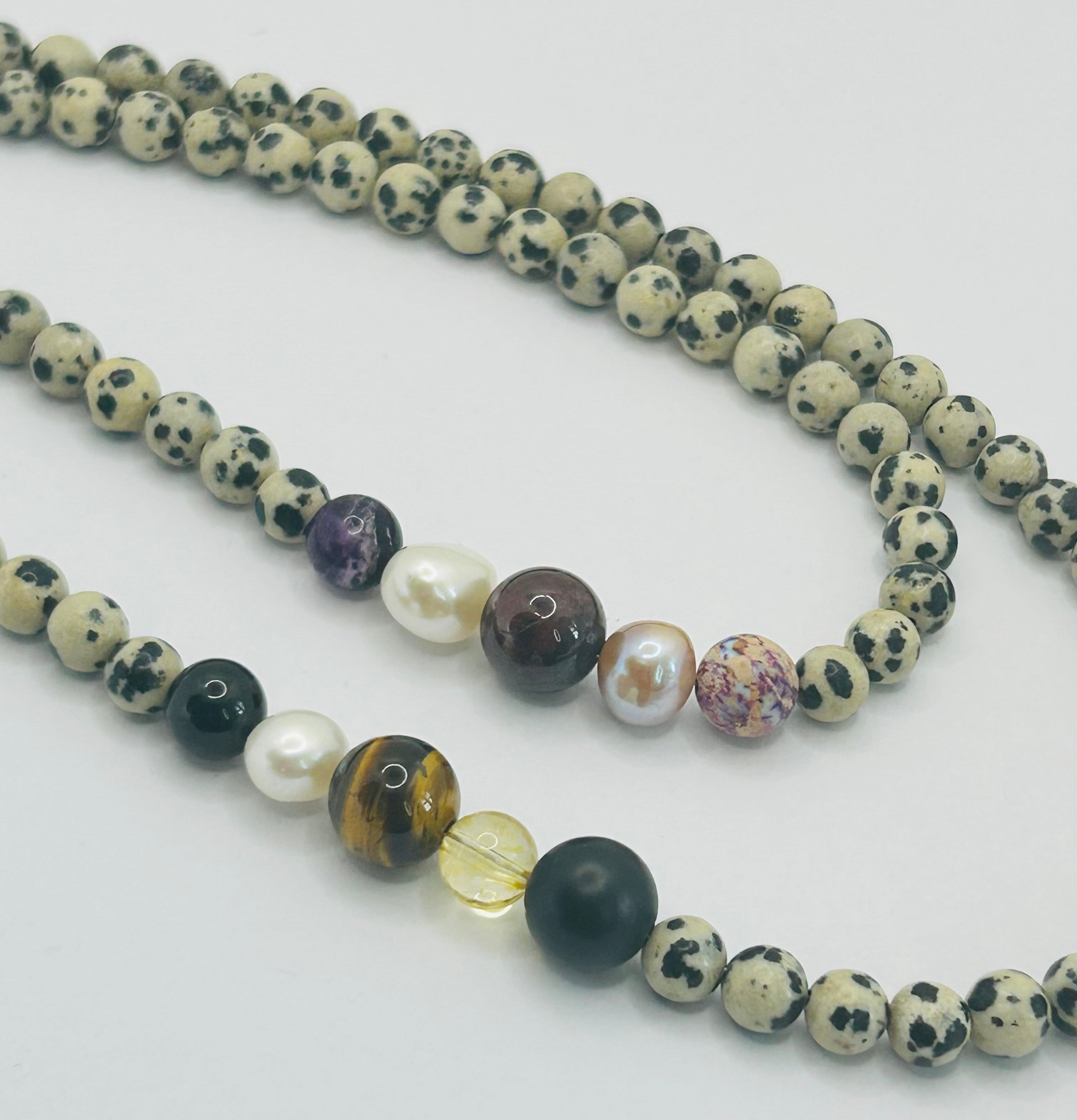 Dalmation Jasper, Pearl, Onyx, Citrine & Tiger's Eye Necklace