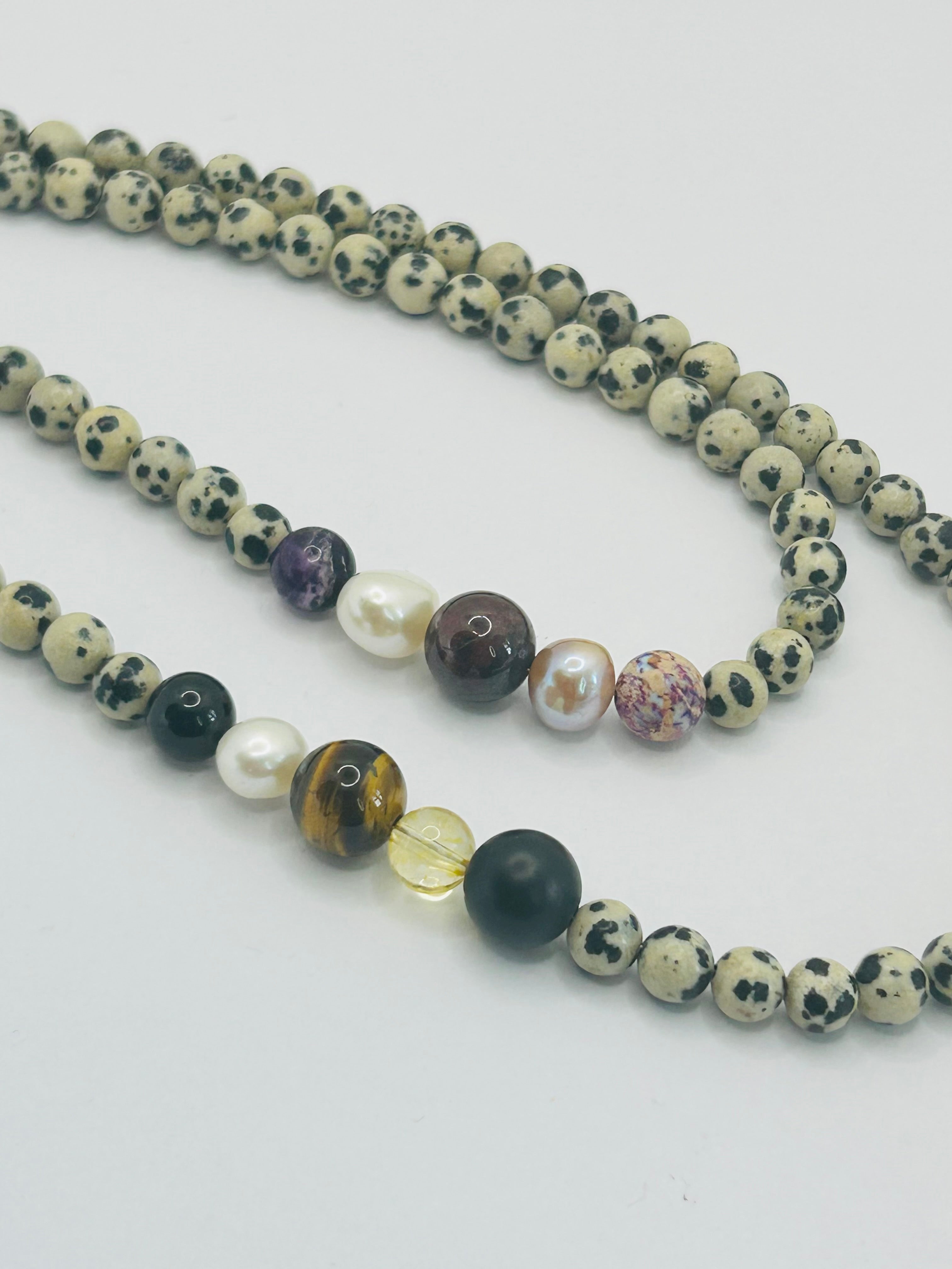Dalmation Jasper, Amethyst, Pearl, Garnet & Galactic Jasper Necklace