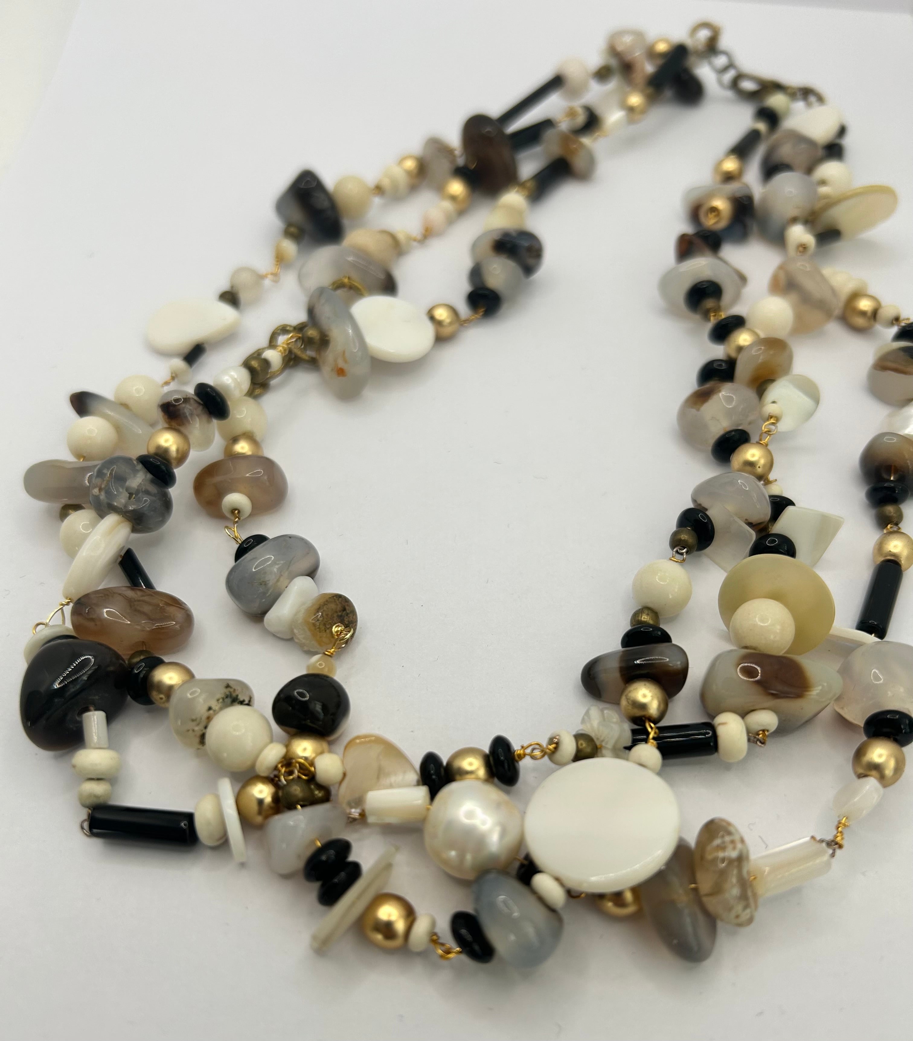 Multi Strand Pearl, Shell, Agate & Onyx Necklace