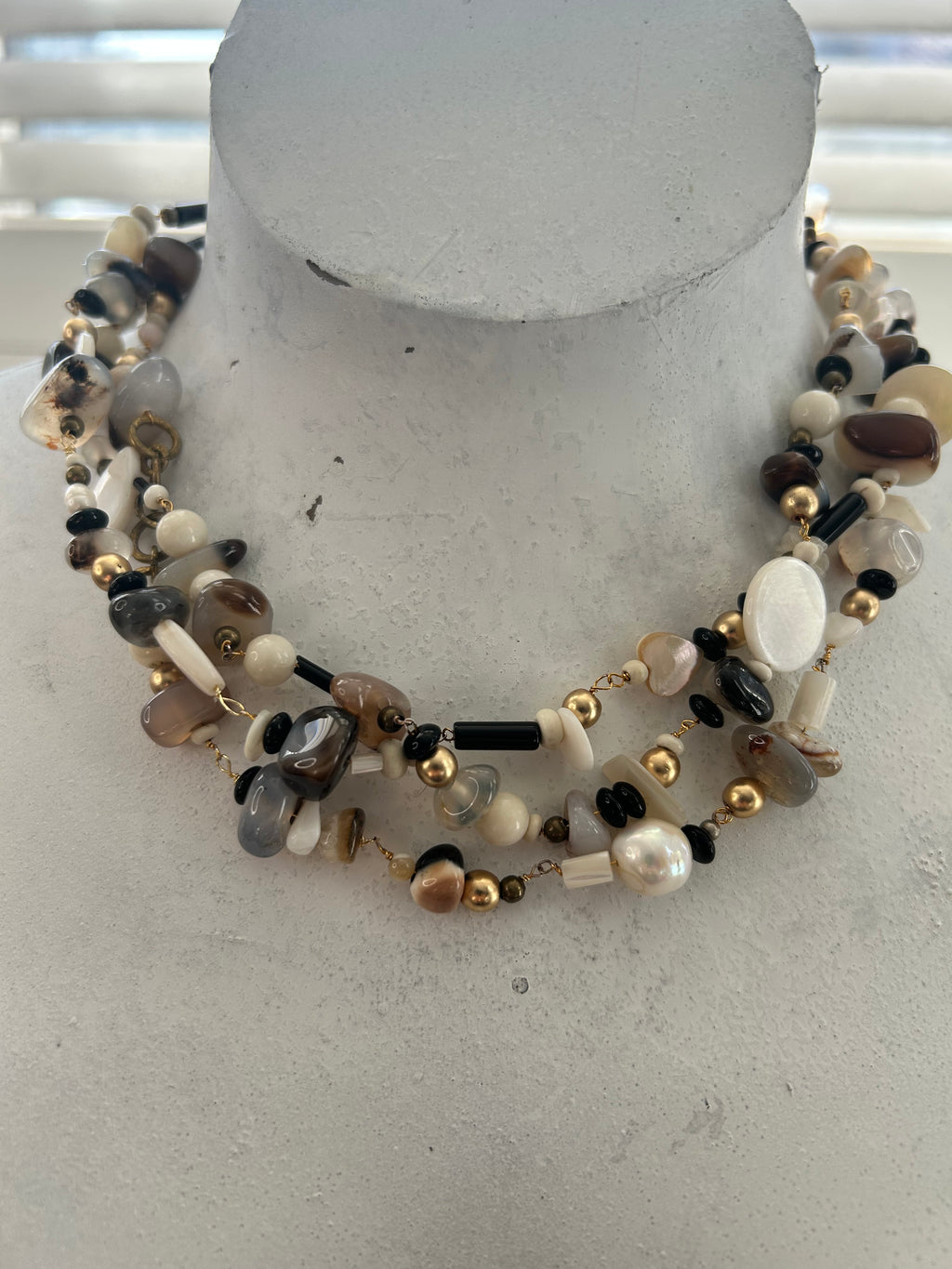 Multi Strand Pearl, Shell, Agate & Onyx Necklace