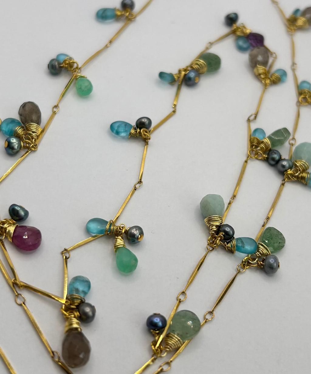 Apatite, Pearl, Strawberry Quartz, Chalcedony, Amethyst & Smokey Quartz Garland on 24ct Gold Plate