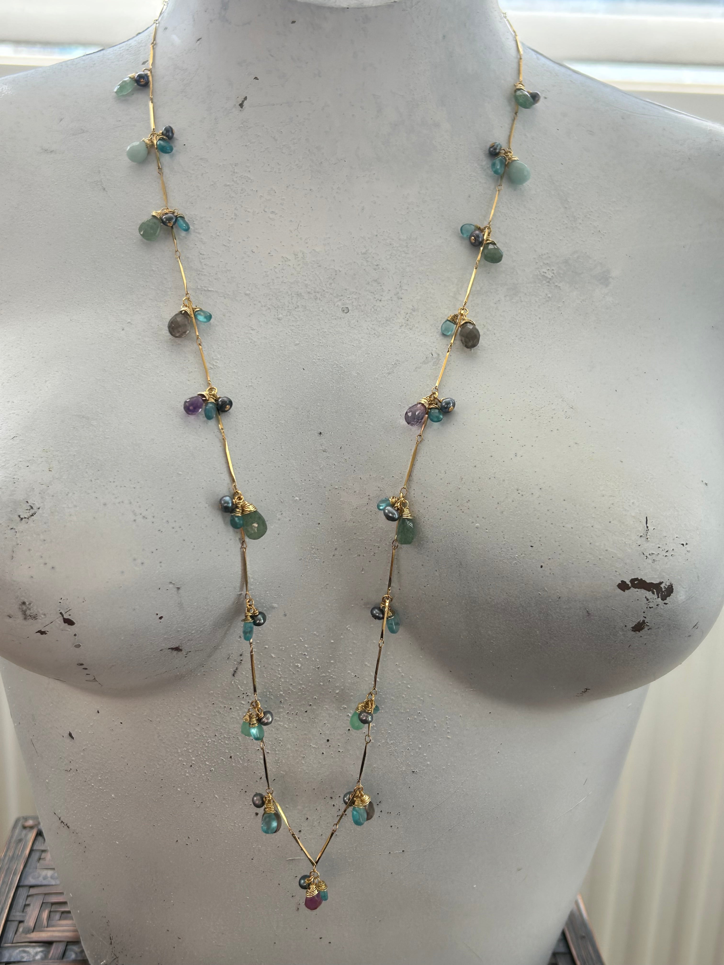 Apatite, Pearl, Strawberry Quartz, Chalcedony, Amethyst & Smokey Quartz Garland on 24ct Gold Plate