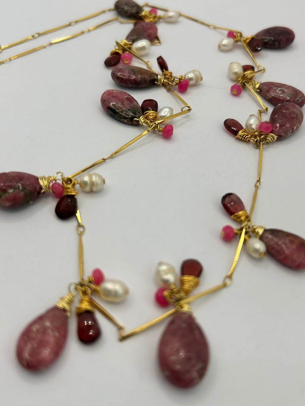 Rhodonite, Pink Kyanite, Pearl & Garnet on 24ct Gold Plate