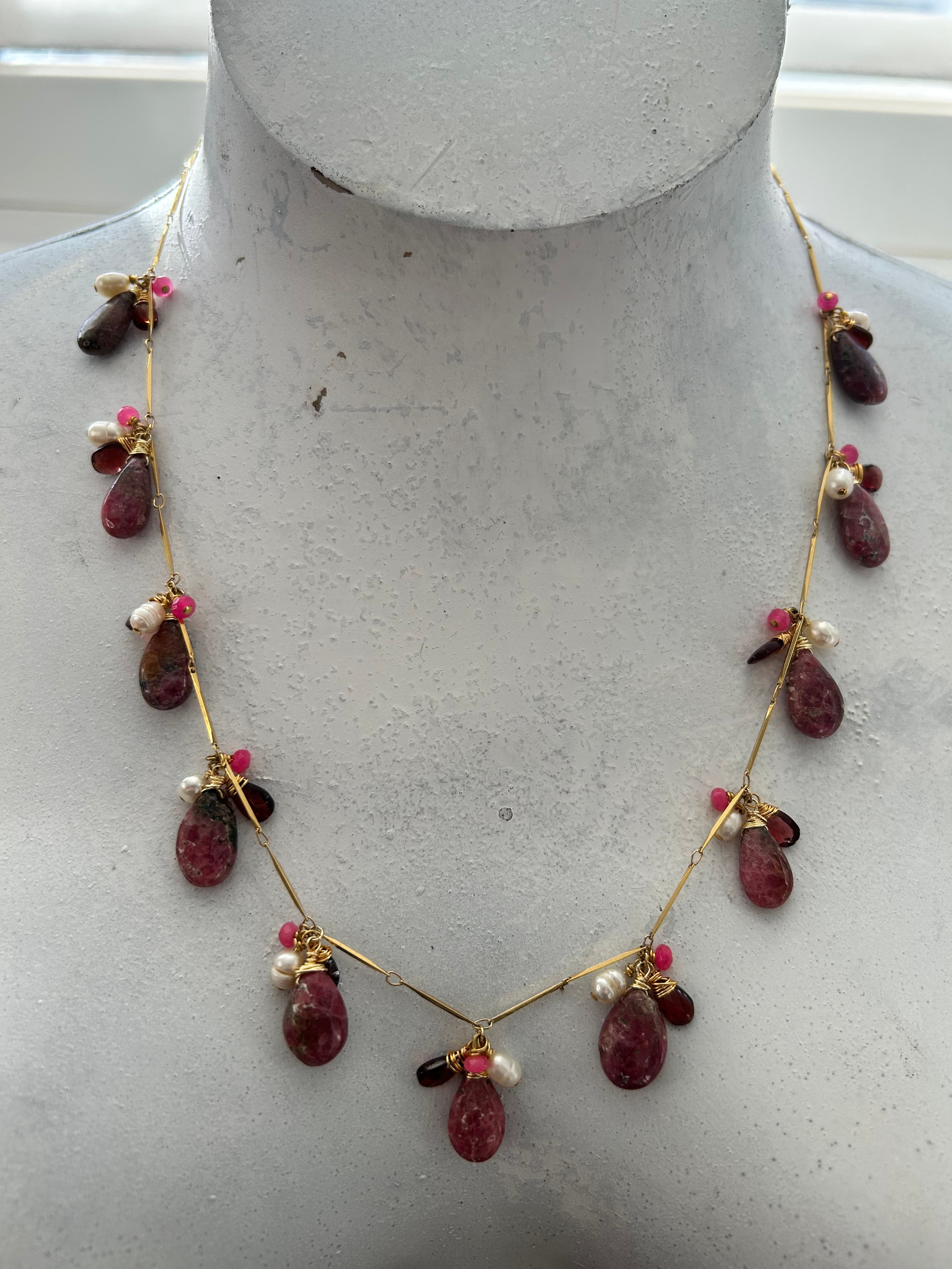 Rhodonite, Pink Kyanite, Pearl & Garnet on 24ct Gold Plate