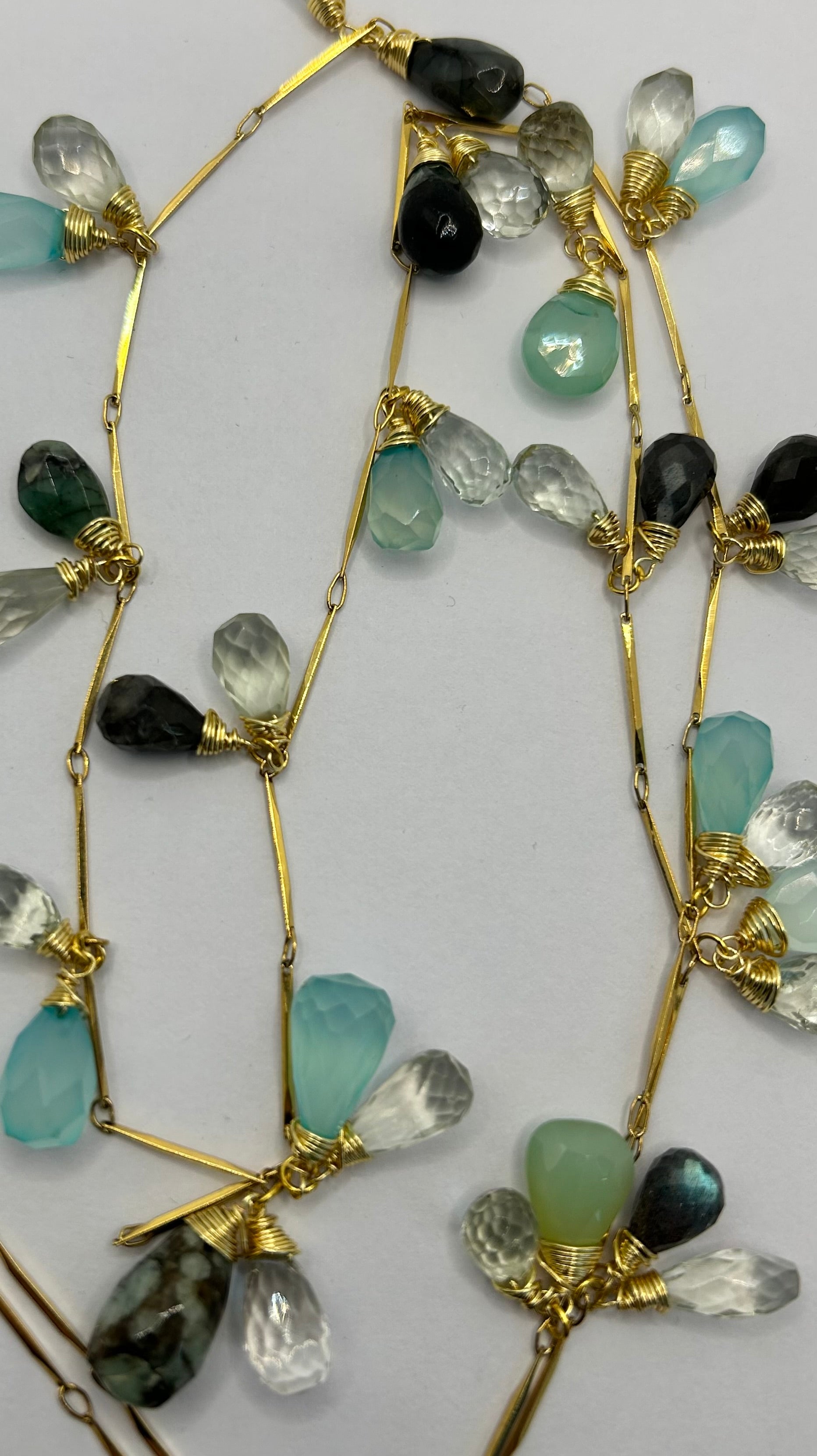 Rainbow Labradorite, Emerald, Chalcedony & Green Amethyst Garland on 24ct Gold Plate