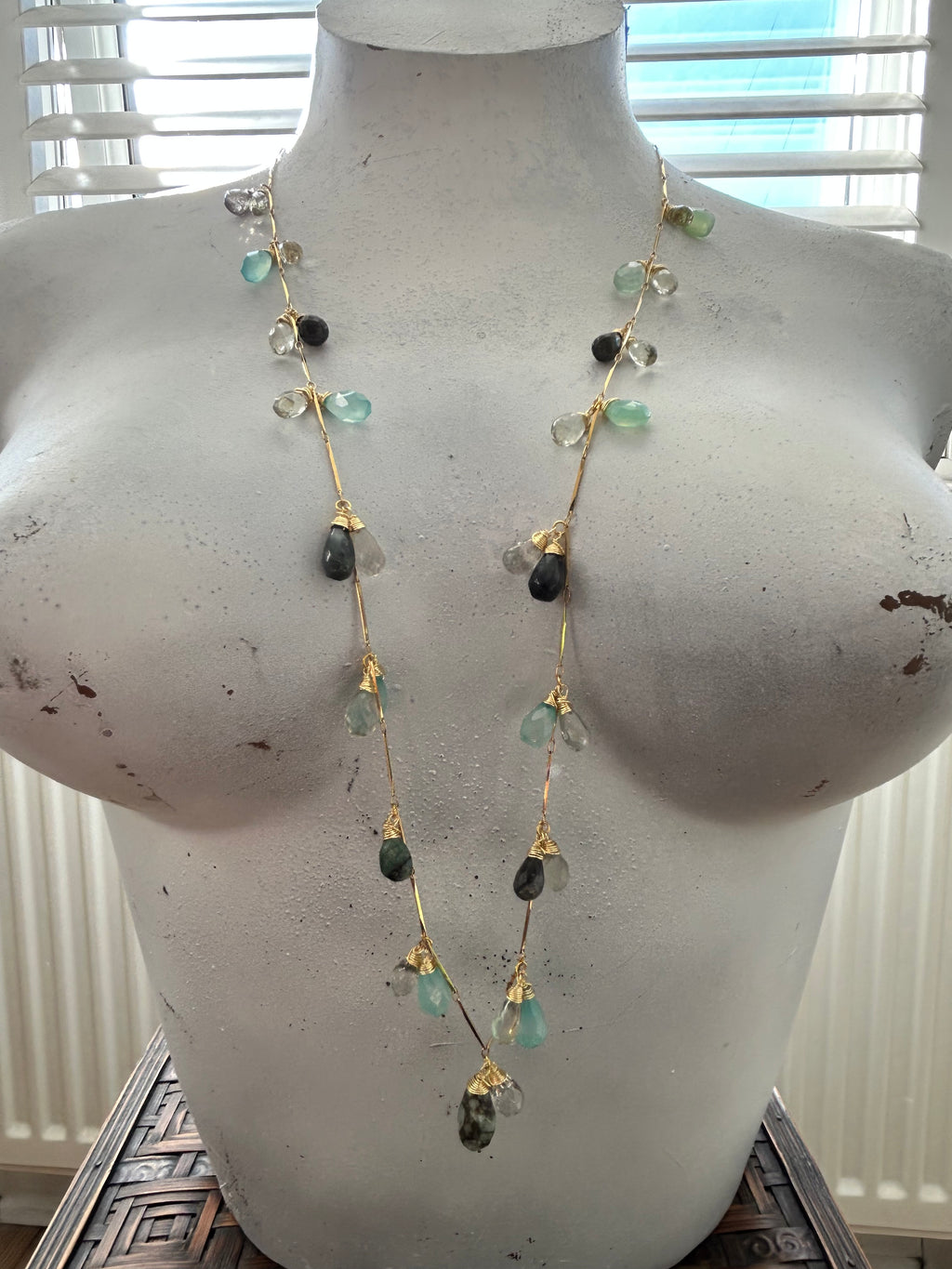 Rainbow Labradorite, Emerald, Chalcedony & Green Amethyst Garland on 24ct Gold Plate